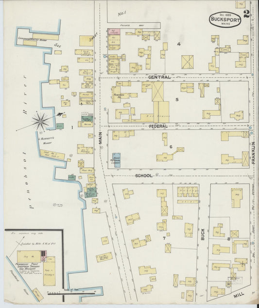 Sanborn Fire Insurance Map from Bucksport, Hancock County, Maine (1889), Sheet #0002 - Historic Sanborn Fire Insurance Map Print, vintage old map wall art, antique decor, genealogy gift, Maine Maine map
