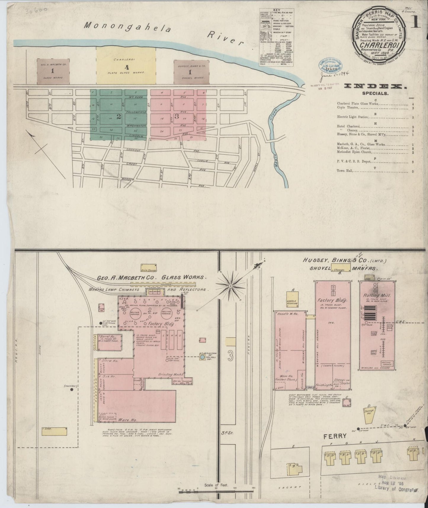 Sanborn Fire Insurance Map from Charleroi, Washington County, Pennsylvania (1894), Sheet #0001 - Historic Sanborn Fire Insurance Map Print, vintage old map wall art, antique decor, genealogy gift, Pennsylvania Pennsylvania map