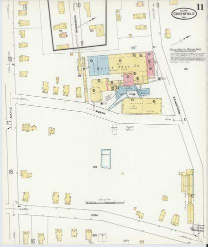 Sanborn Fire Insurance Map from Greenfield, Franklin County, Massachusetts (1909), Sheet #0011 - Historic Sanborn Fire Insurance Map Print, vintage old map wall art, antique decor, genealogy gift, Massachusetts Massachusetts map