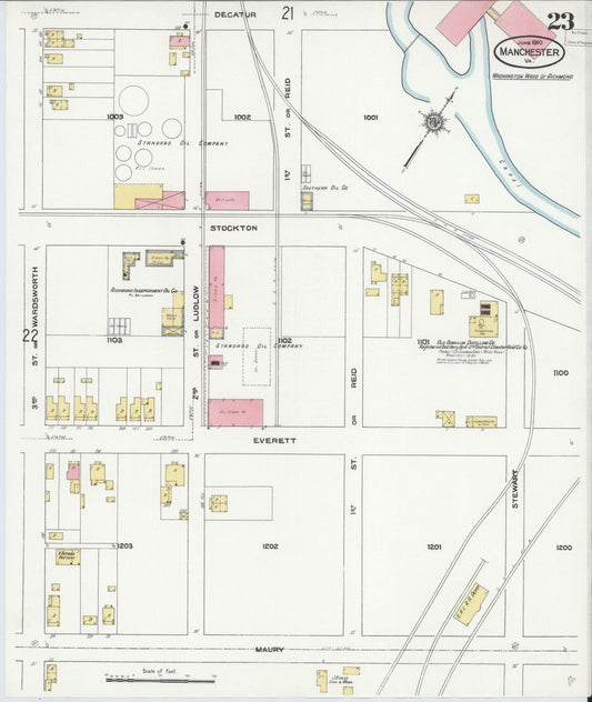 Sanborn Fire Insurance Map from Manchester, Chesterfield County, Virginia (1910), Sheet #0023 - Historic Sanborn Fire Insurance Map Print, vintage old map wall art, antique decor, genealogy gift, Virginia Virginia map