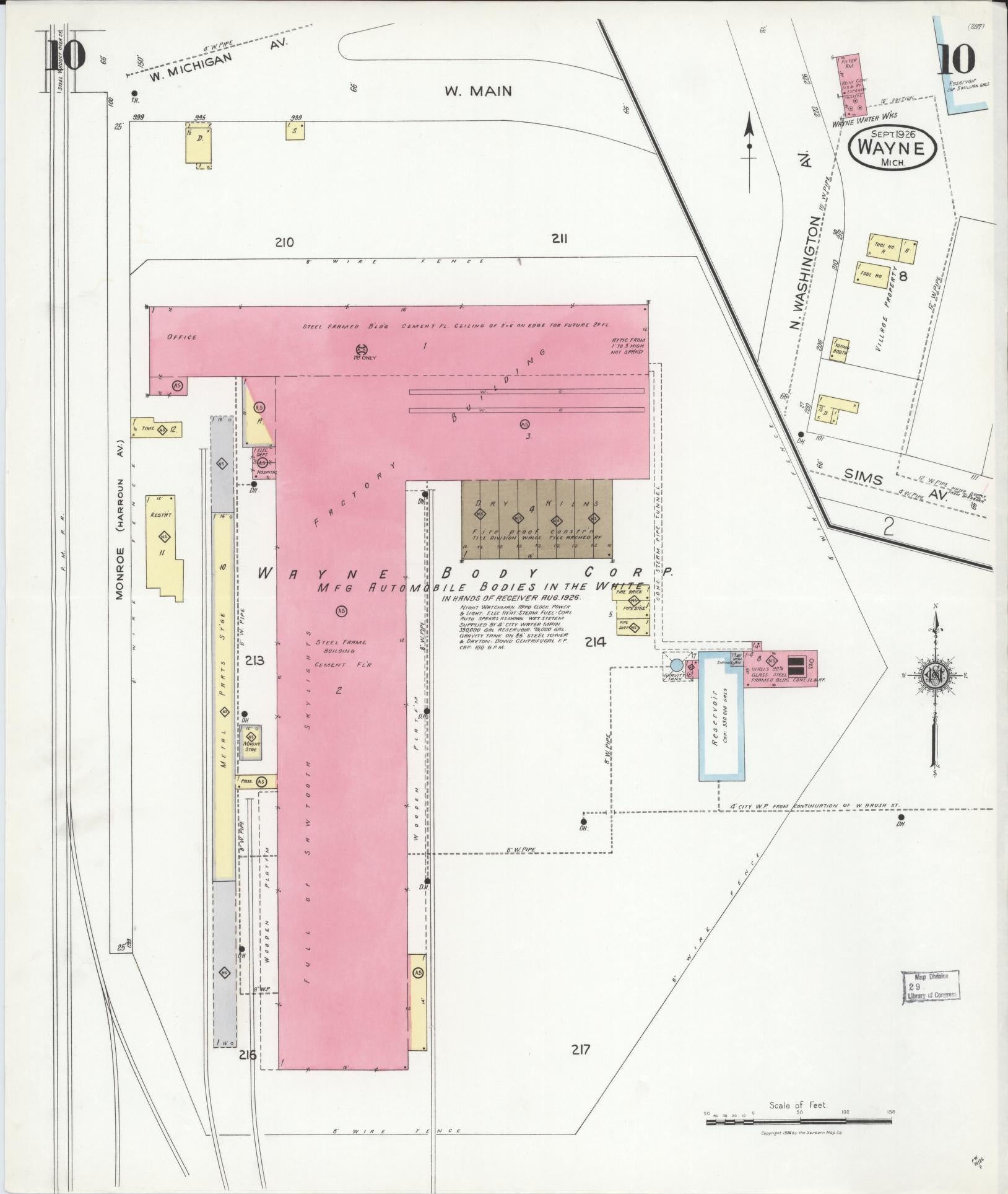 Sanborn Fire Insurance Map from Wayne, Wayne County, Michigan (1926), Sheet #0010 - Historic Sanborn Fire Insurance Map Print, vintage old map wall art, antique decor, genealogy gift, Michigan Michigan map