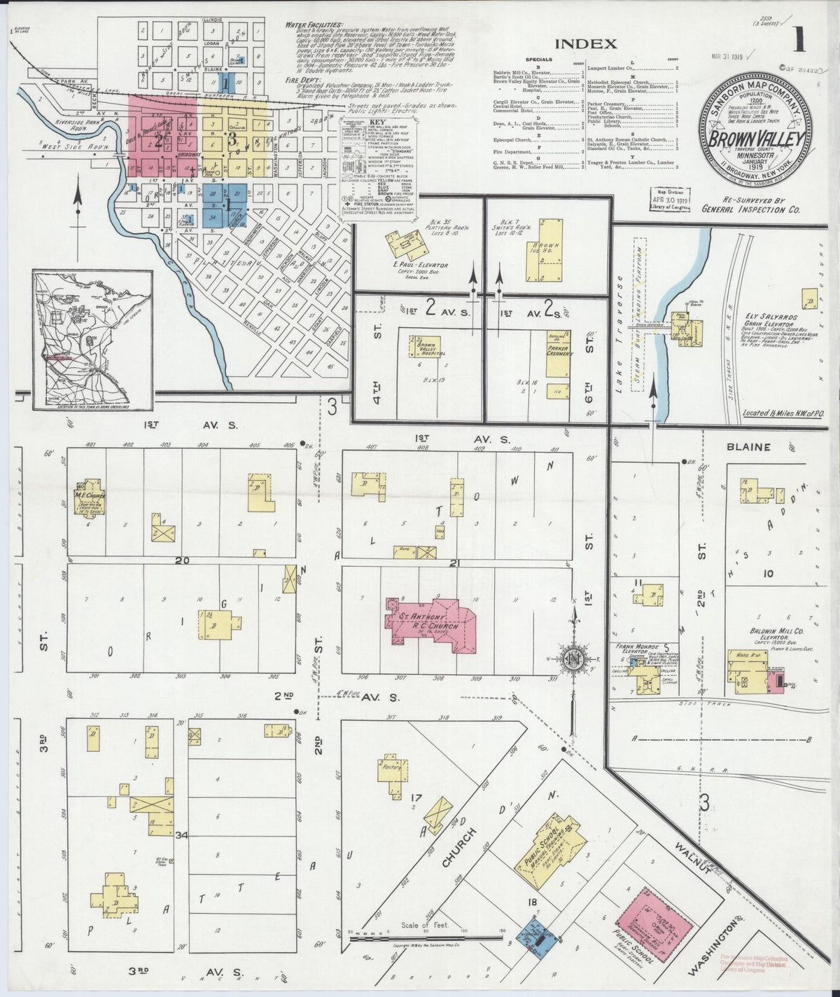 Sanborn Fire Insurance Map from Browns Valley, Traverse County, Minnesota (1919), Sheet #0001 - Complete Map Set gallery image, historic Sanborn map, vintage wall art, Minnesota Minnesota