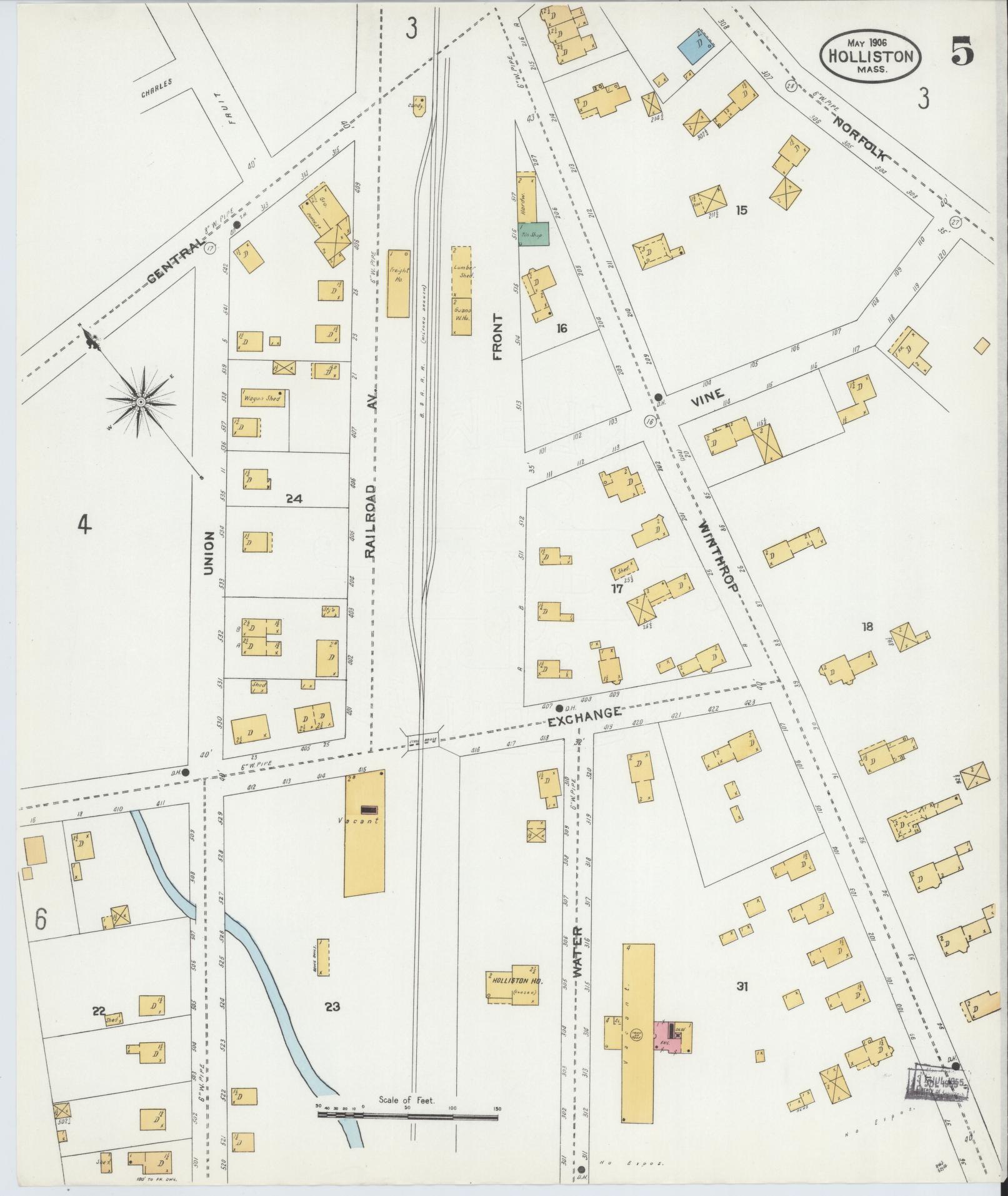 Sanborn Fire Insurance Map from Holliston, Middlesex County, Massachusetts (1906), Sheet #0005 - Complete Map Set gallery image, historic Sanborn map, vintage wall art, Massachusetts Massachusetts