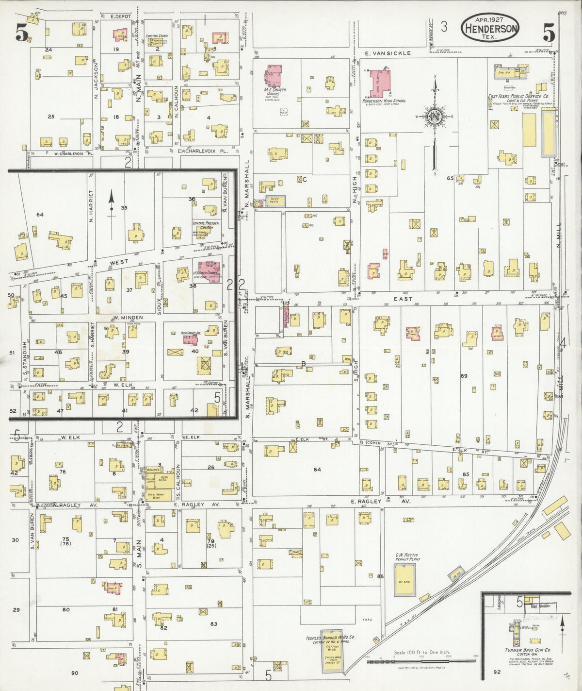 Sanborn Fire Insurance Map from Henderson, Rusk County, Texas (1927), Sheet #0005 - Historic Sanborn Fire Insurance Map Print, vintage old map wall art, antique decor, genealogy gift, Texas Texas map