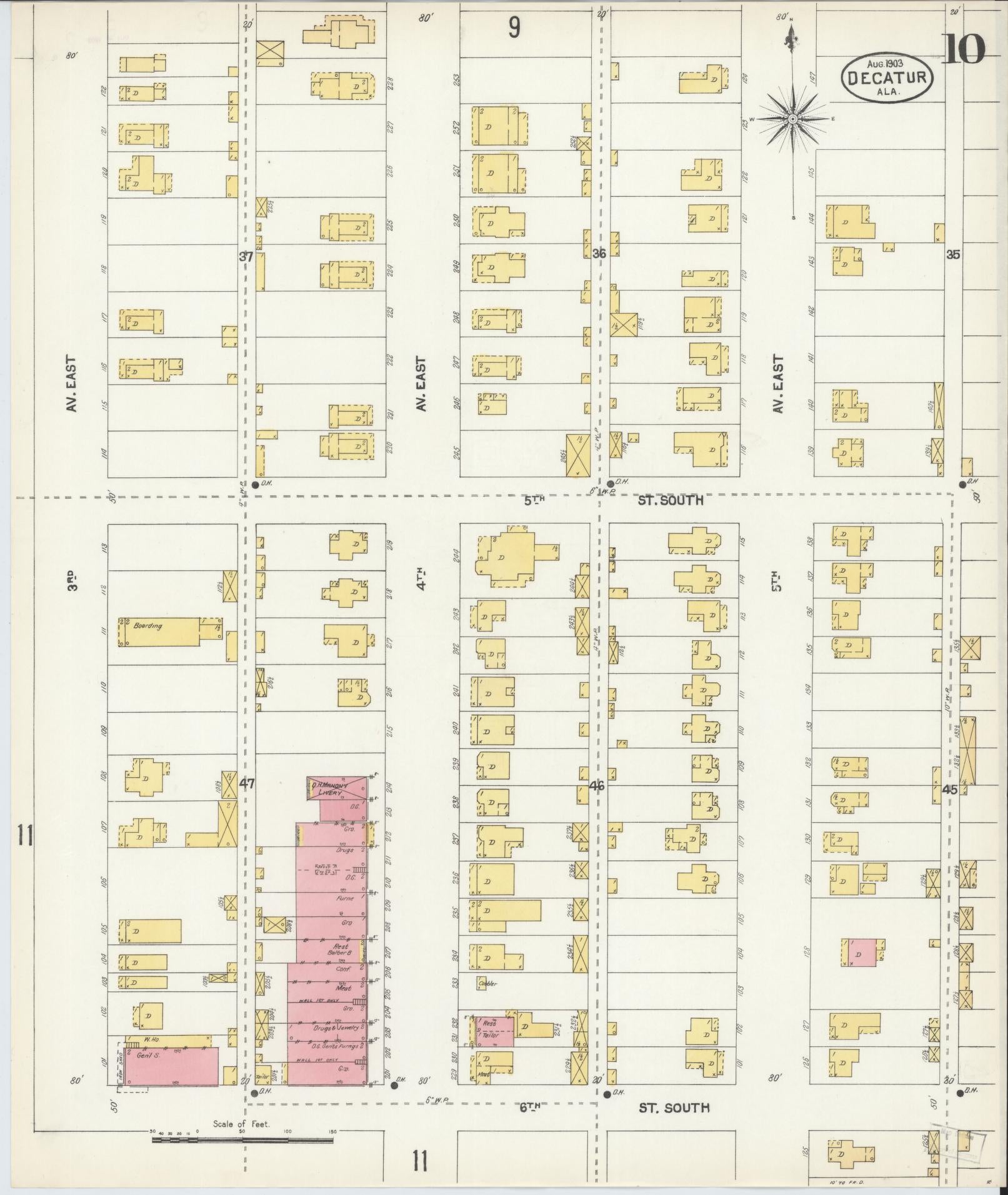Sanborn Fire Insurance Map from Decatur, Morgan County, Alabama (1903), Sheet #0010 - Historic Sanborn Fire Insurance Map Print, vintage old map wall art, antique decor, genealogy gift, Alabama Alabama map