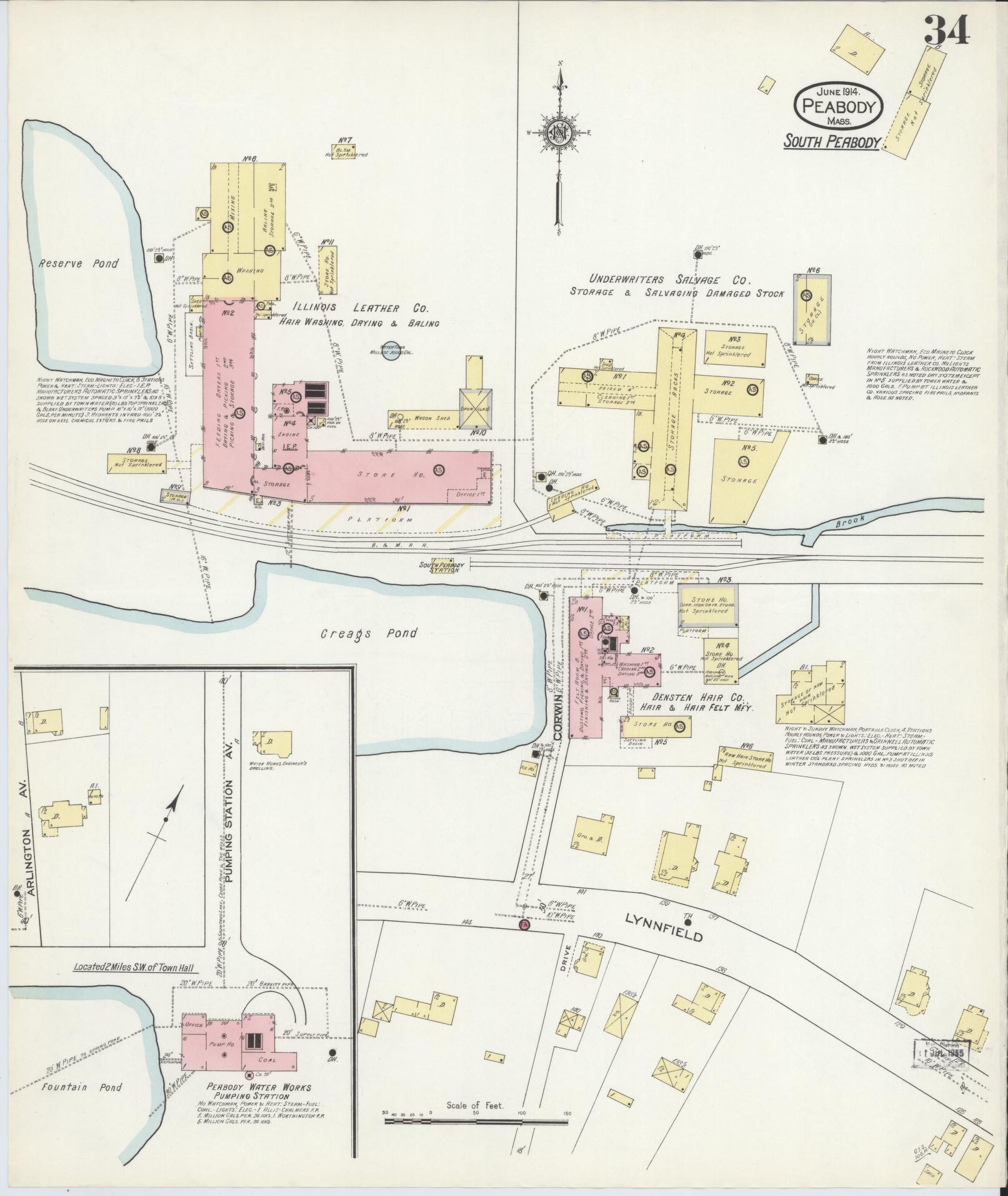 Sanborn Fire Insurance Map from Peabody, Essex County, Massachusetts (1914), Sheet #0034 - Historic Sanborn Fire Insurance Map Print, vintage old map wall art, antique decor, genealogy gift, Massachusetts Massachusetts map