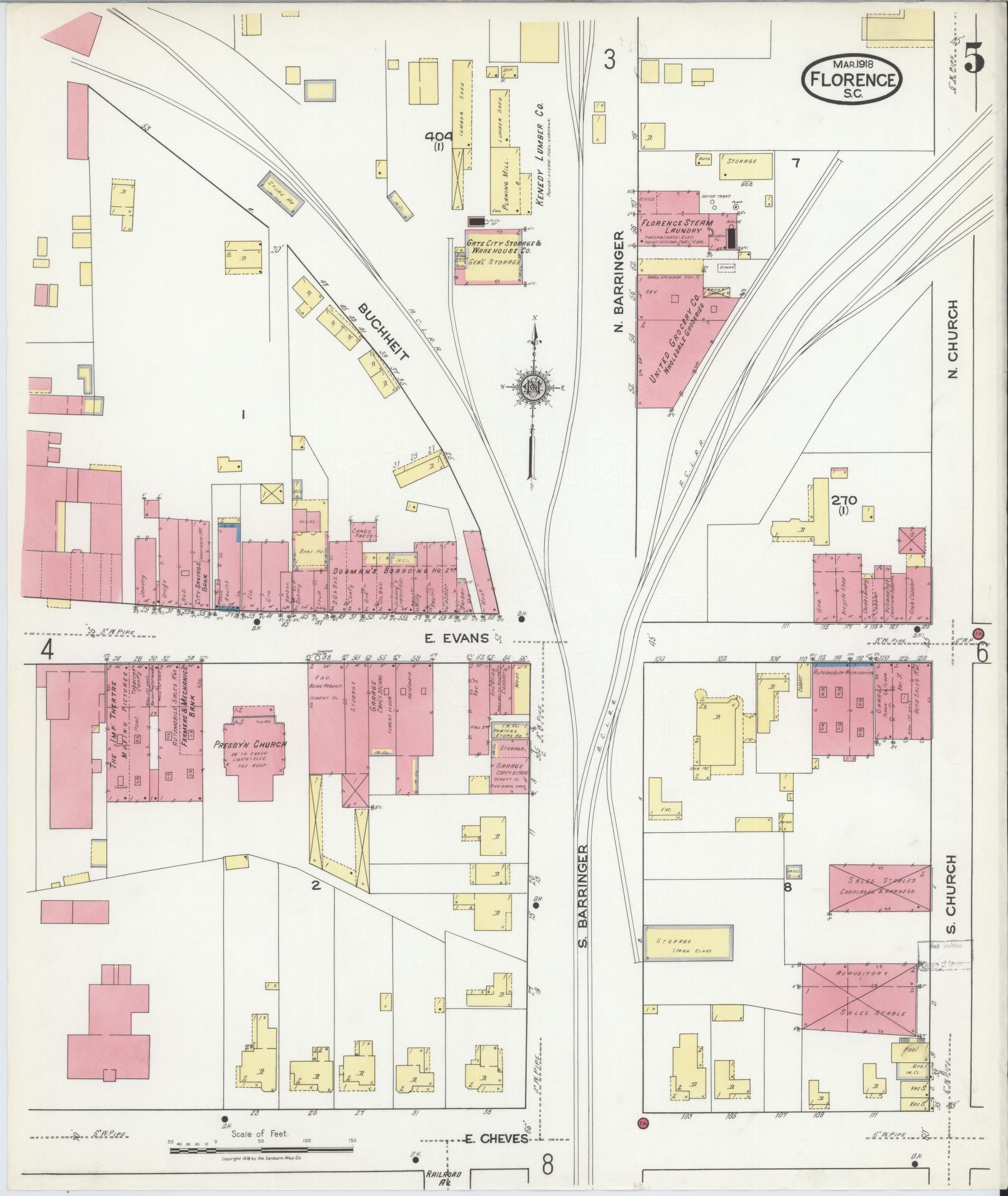 Sanborn Fire Insurance Map from Florence, Florence County, South Carolina (1918), Sheet #0005 - Complete Map Set gallery image, historic Sanborn map, vintage wall art, South Carolina South Carolina