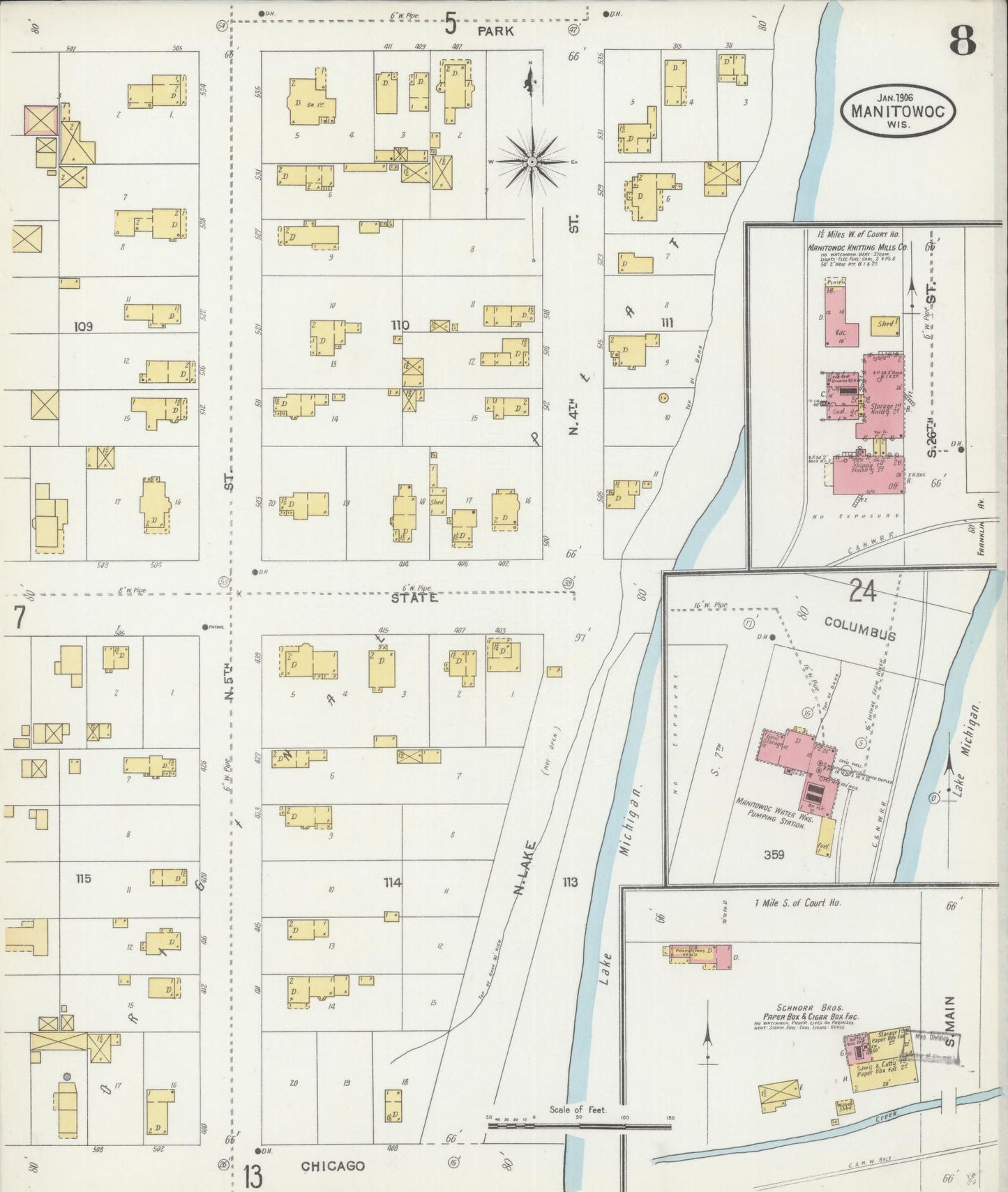 Sanborn Fire Insurance Map from Manitowoc, Manitowoc County, Wisconsin (1906), Sheet #0008 - Complete Map Set gallery image, historic Sanborn map, vintage wall art, Wisconsin Wisconsin