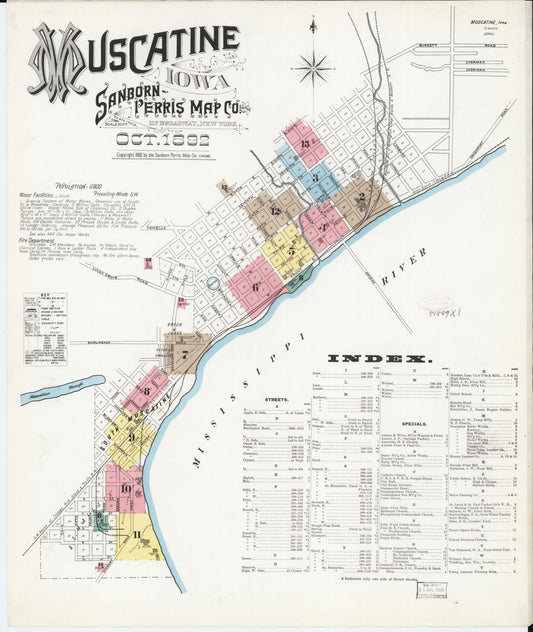 Sanborn Fire Insurance Map from Muscatine, Musactine County, Iowa (1892), Sheet #0001 - Historic Sanborn Fire Insurance Map Print, vintage old map wall art