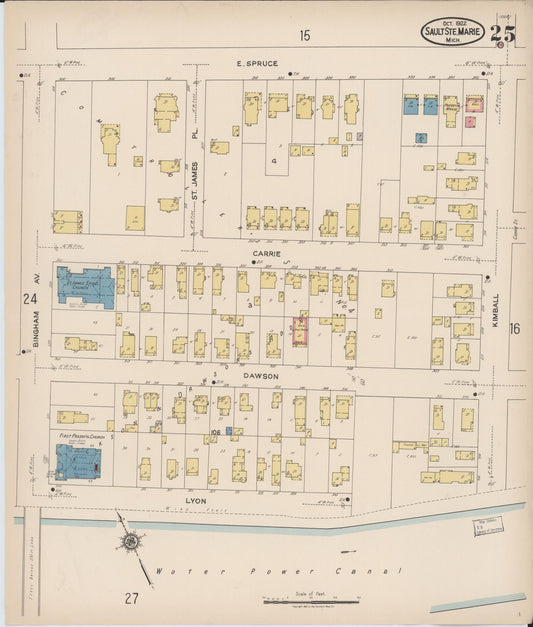 Sanborn Fire Insurance Map from Sault Sainte Marie, Chippewa County, Michigan (1922), Sheet #0025 - Historic Sanborn Fire Insurance Map Print, vintage old map wall art, antique decor, genealogy gift, Michigan Michigan map