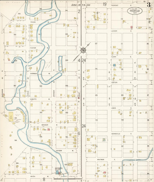 Sanborn Fire Insurance Map from Pocatello, Bannock County, Idaho (1915), Sheet #0003 - Historic Sanborn Fire Insurance Map Print, vintage old map wall art, antique decor, genealogy gift, Idaho Idaho map