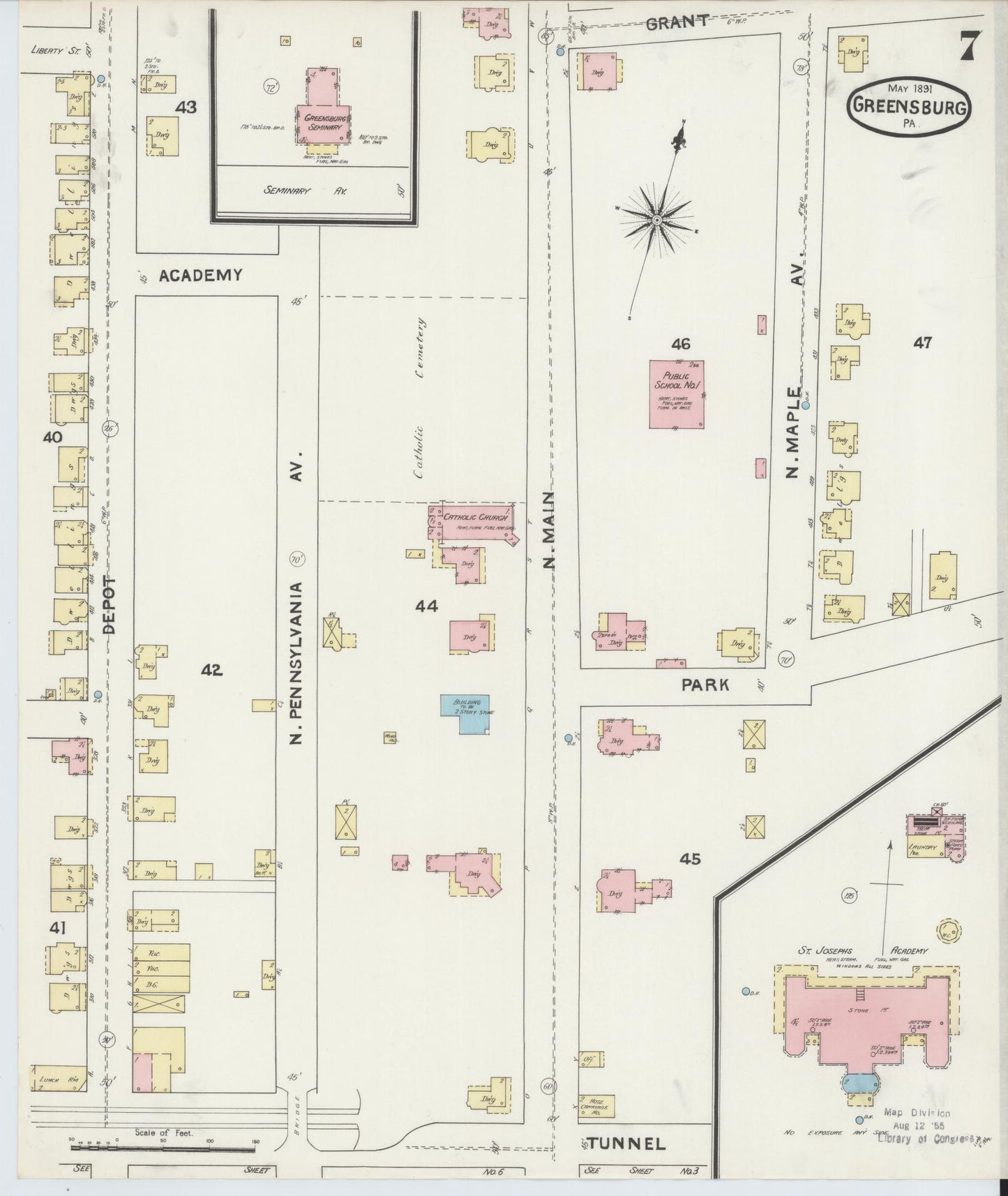 Sanborn Fire Insurance Map from Greensburg, Westmoreland County, Pennsylvania (1891), Sheet #0007 - Historic Sanborn Fire Insurance Map Print, vintage old map wall art, antique decor, genealogy gift, Pennsylvania Pennsylvania map