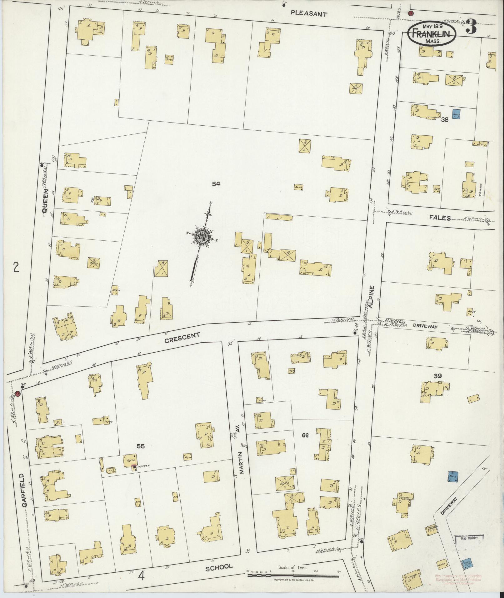 Sanborn Fire Insurance Map from Franklin, Norfolk County, Massachusetts (1919), Sheet #0003 - Complete Map Set gallery image, historic Sanborn map, vintage wall art, Massachusetts Massachusetts