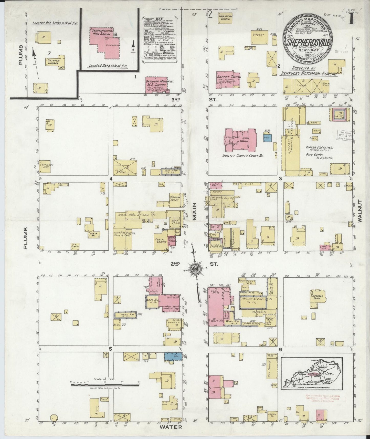 Sanborn Fire Insurance Map from Shepherdsville, Bullitt County, Kentucky (1920), Sheet #0001 - Historic Sanborn Fire Insurance Map Print, vintage old map wall art, antique decor, genealogy gift, Kentucky Kentucky map