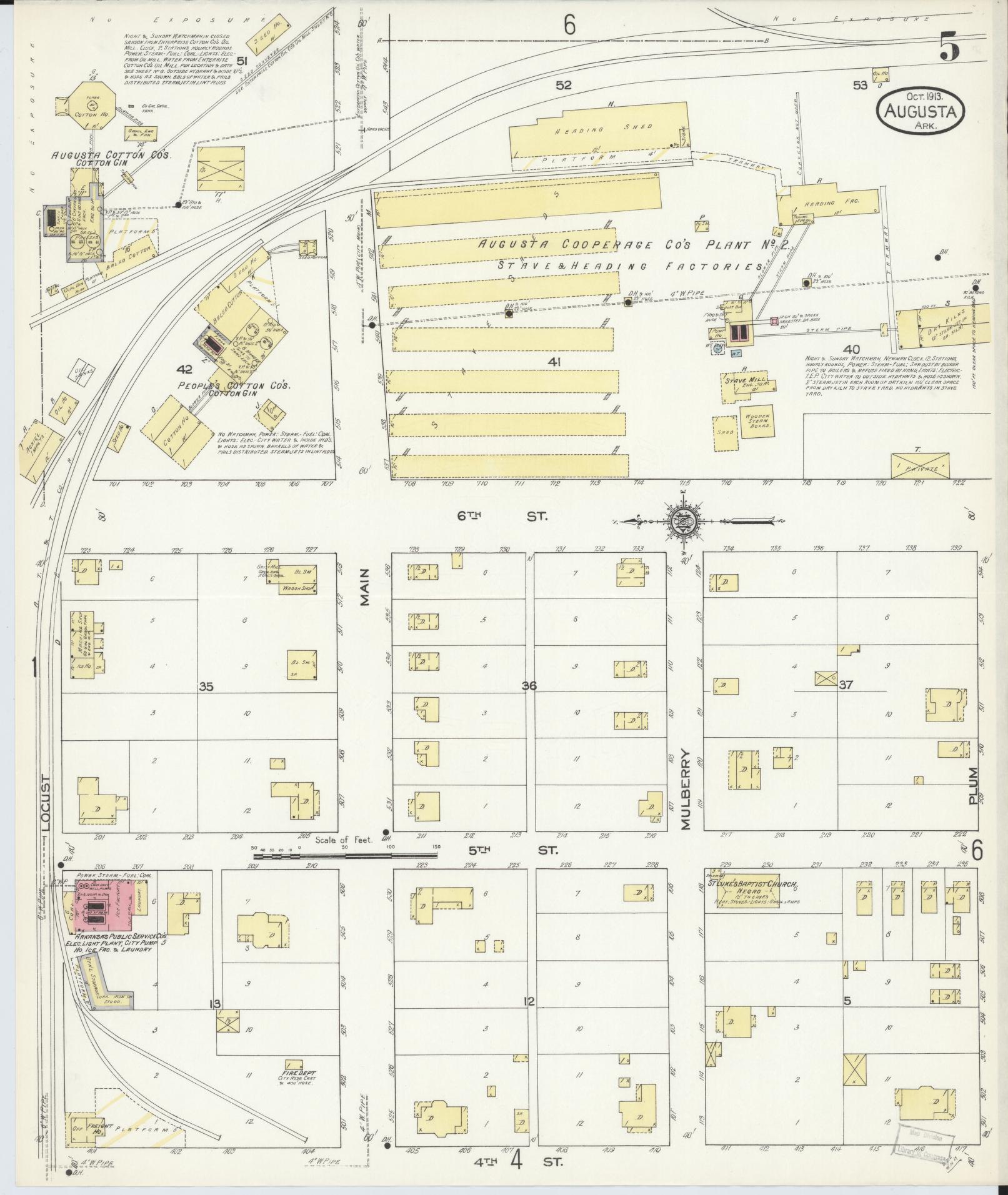 Sanborn Fire Insurance Map from Augusta, Woodruff County, Arkansas (1913), Sheet #0005 - Historic Sanborn Fire Insurance Map Print, vintage old map wall art, antique decor, genealogy gift, Arkansas Arkansas map