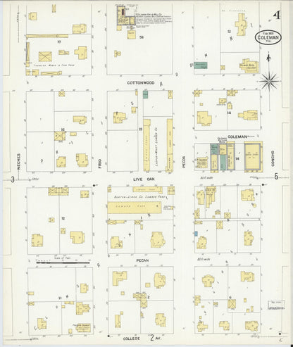 Sanborn Fire Insurance Map from Coleman, Coleman County, Texas (1909), Sheet #0004 - Historic Sanborn Fire Insurance Map Print, vintage old map wall art, antique decor, genealogy gift, Texas Texas map