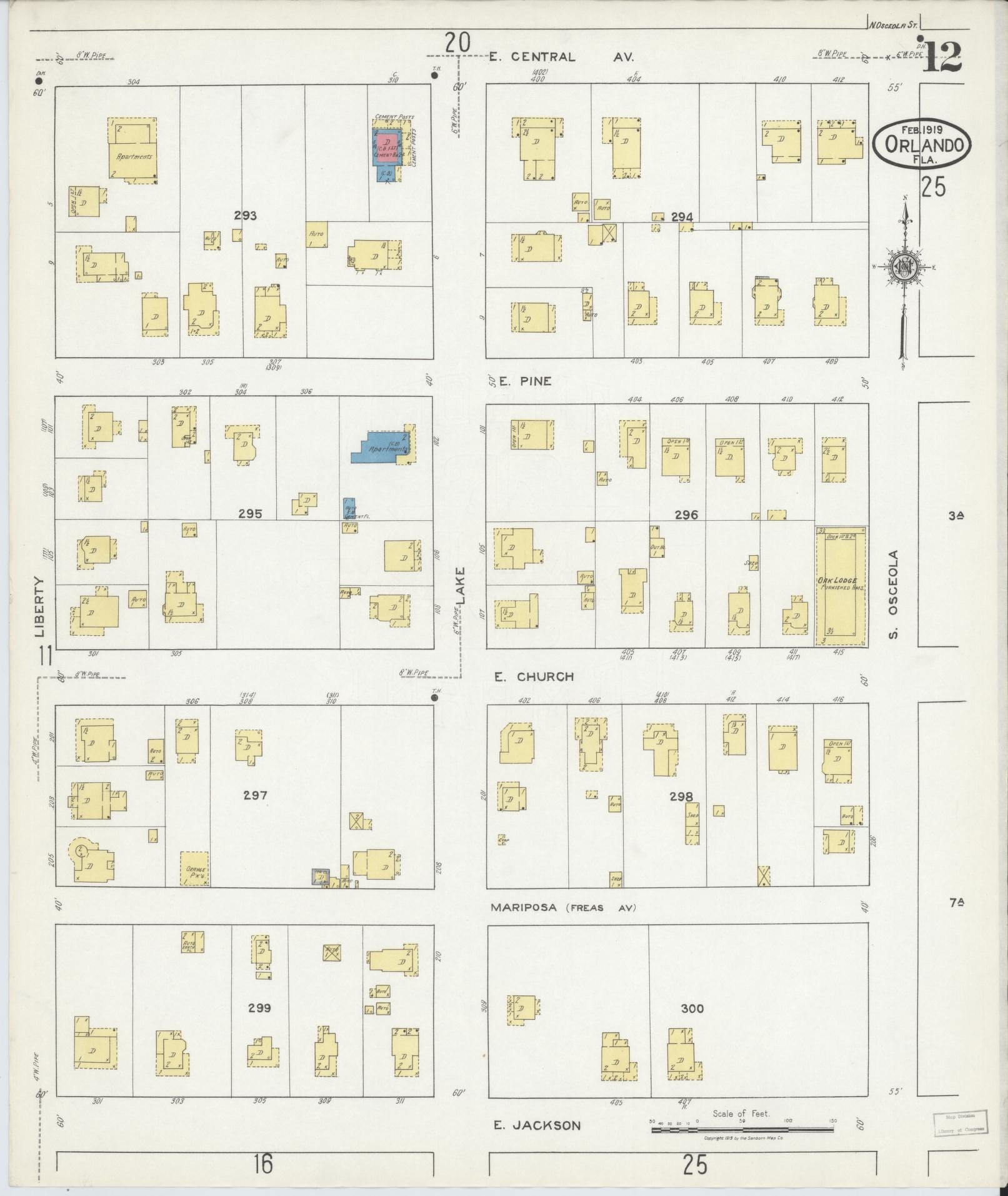 Sanborn Fire Insurance Map from Orlando, Orange County, Florida (1919), Sheet #0012 - Historic Sanborn Fire Insurance Map Print, vintage old map wall art, antique decor, genealogy gift, Florida Florida map