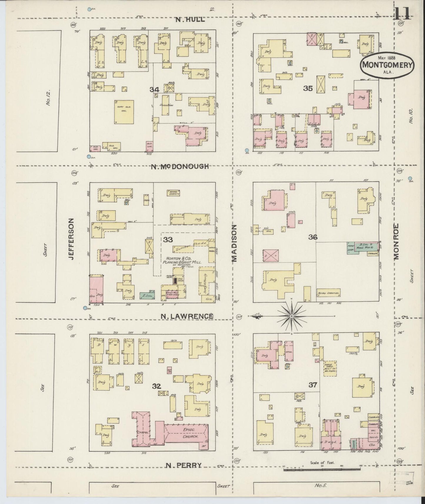 Sanborn Fire Insurance Map from Montgomery, Montgomery County, Alabama (1888), Sheet #0011 - Historic Sanborn Fire Insurance Map Print, vintage old map wall art, antique decor, genealogy gift, Alabama Alabama map