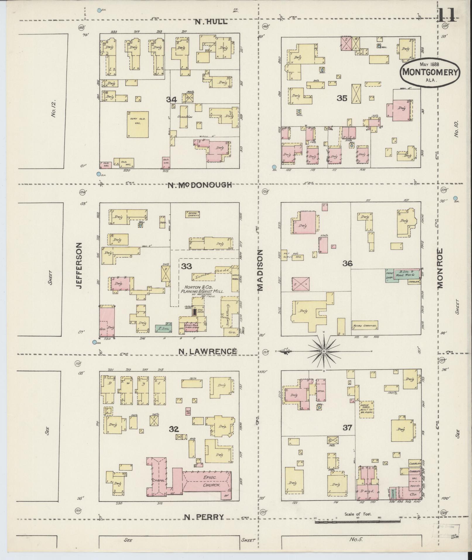 Sanborn Fire Insurance Map from Montgomery, Montgomery County, Alabama (1888), Sheet #0011 - Historic Sanborn Fire Insurance Map Print, vintage old map wall art, antique decor, genealogy gift, Alabama Alabama map