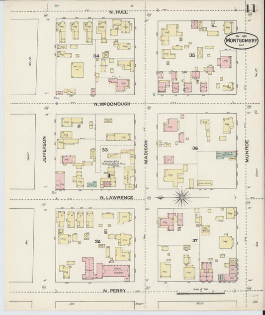 Sanborn Fire Insurance Map from Montgomery, Montgomery County, Alabama (1888), Sheet #0011 - Historic Sanborn Fire Insurance Map Print, vintage old map wall art, antique decor, genealogy gift, Alabama Alabama map