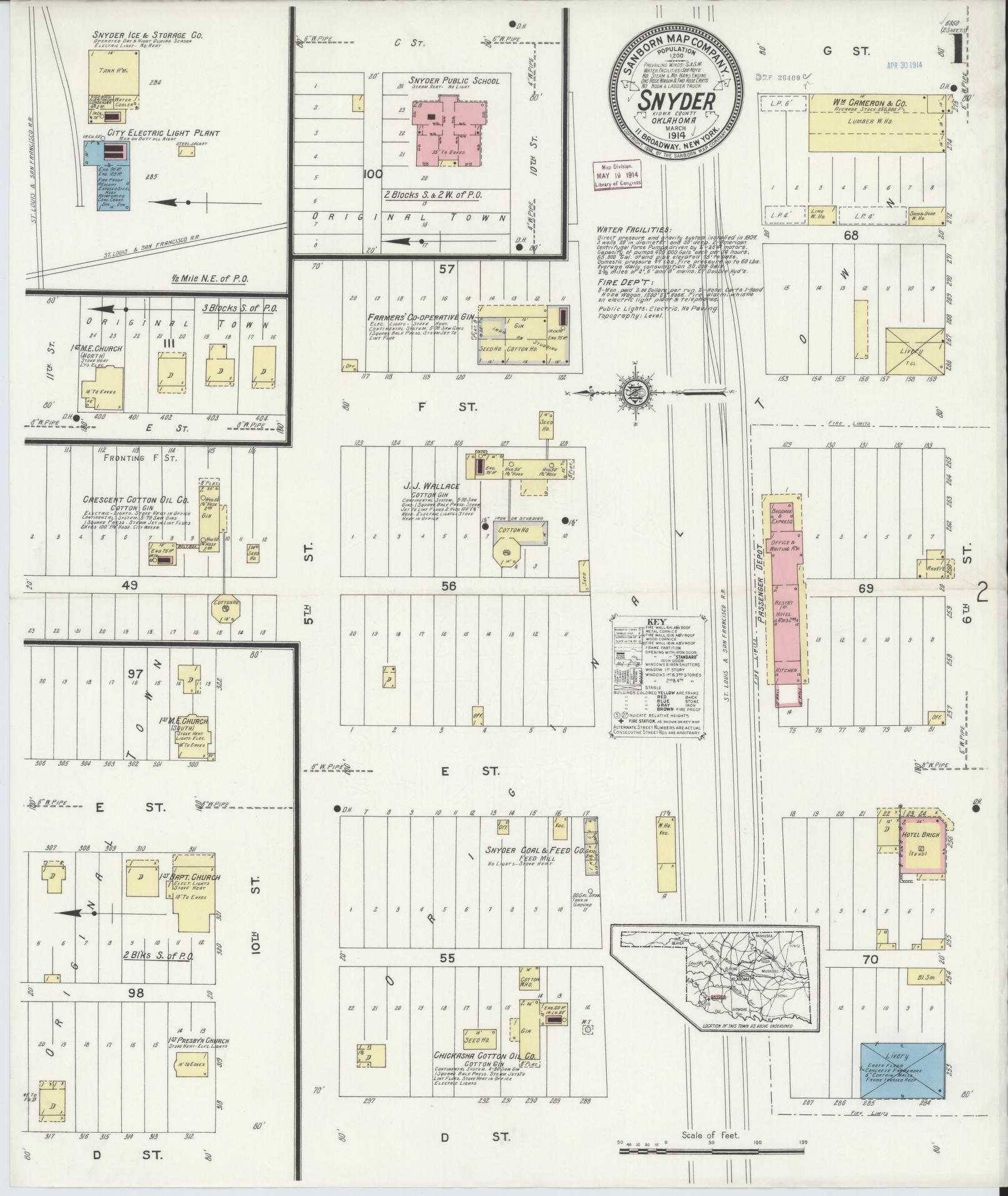 Sanborn Fire Insurance Map from Snyder, Kiowa County, Oklahoma (1914), Sheet #0001 - Historic Sanborn Fire Insurance Map Print, vintage old map wall art, antique decor, genealogy gift, Oklahoma Oklahoma map