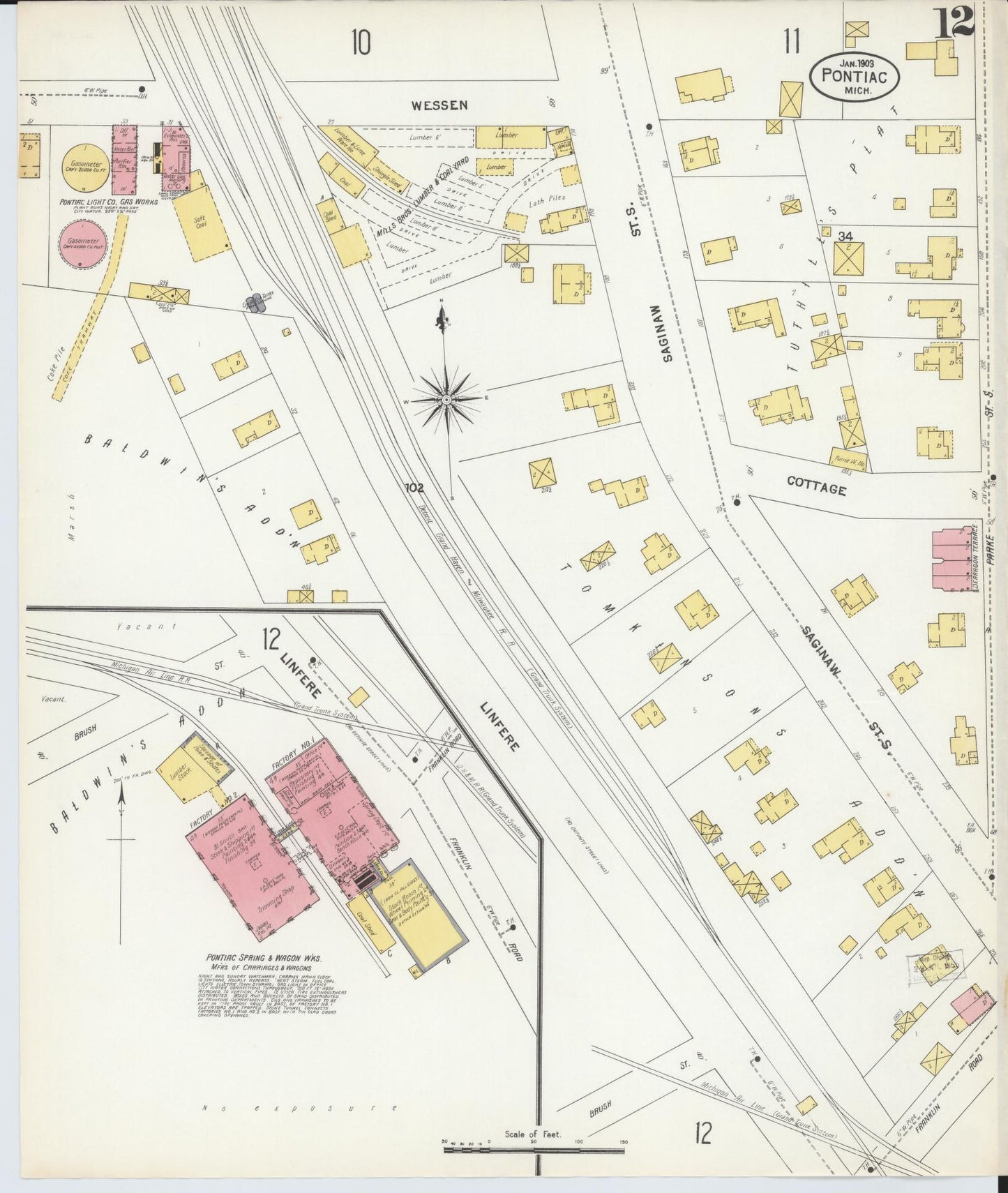 Sanborn Fire Insurance Map from Pontiac, Oakland County, Michigan (1903), Sheet #0012 - Complete Map Set gallery image, historic Sanborn map, vintage wall art, Michigan Michigan