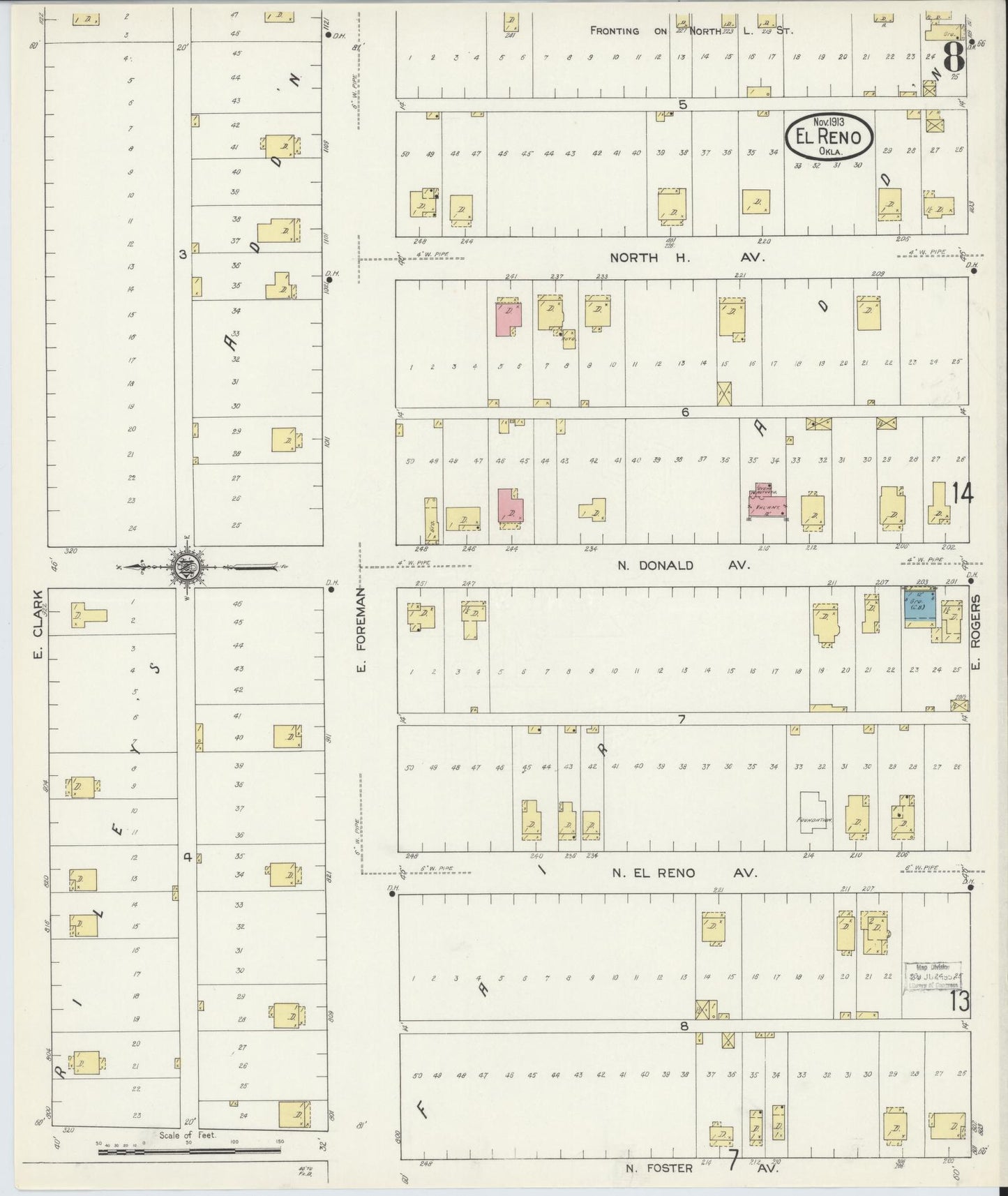 Sanborn Fire Insurance Map from El Reno, Canadian County, Oklahoma (1913), Sheet #0008 - Historic Sanborn Fire Insurance Map Print, vintage old map wall art, antique decor, genealogy gift, Oklahoma Oklahoma map