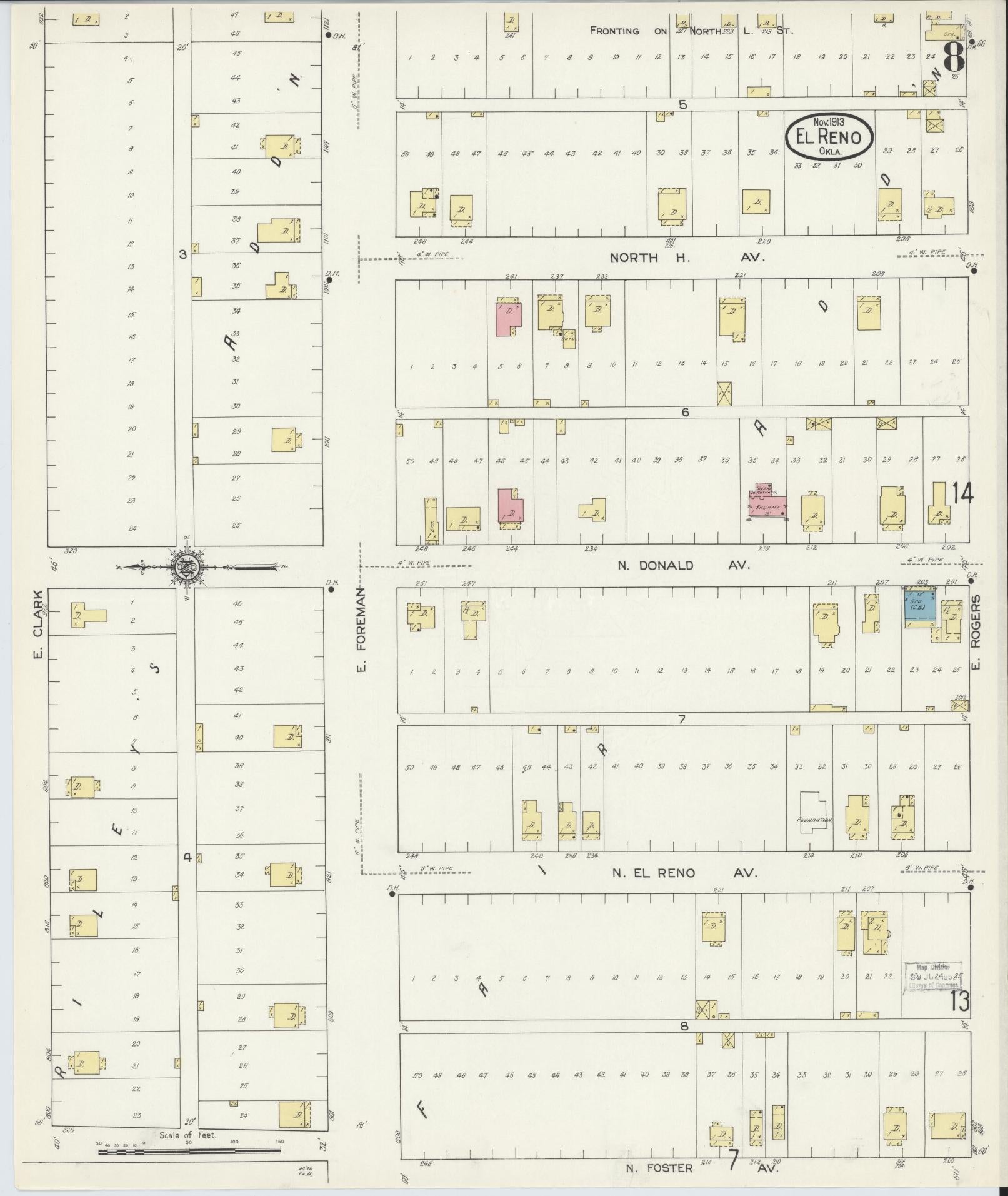 Sanborn Fire Insurance Map from El Reno, Canadian County, Oklahoma (1913), Sheet #0008 - Historic Sanborn Fire Insurance Map Print, vintage old map wall art, antique decor, genealogy gift, Oklahoma Oklahoma map