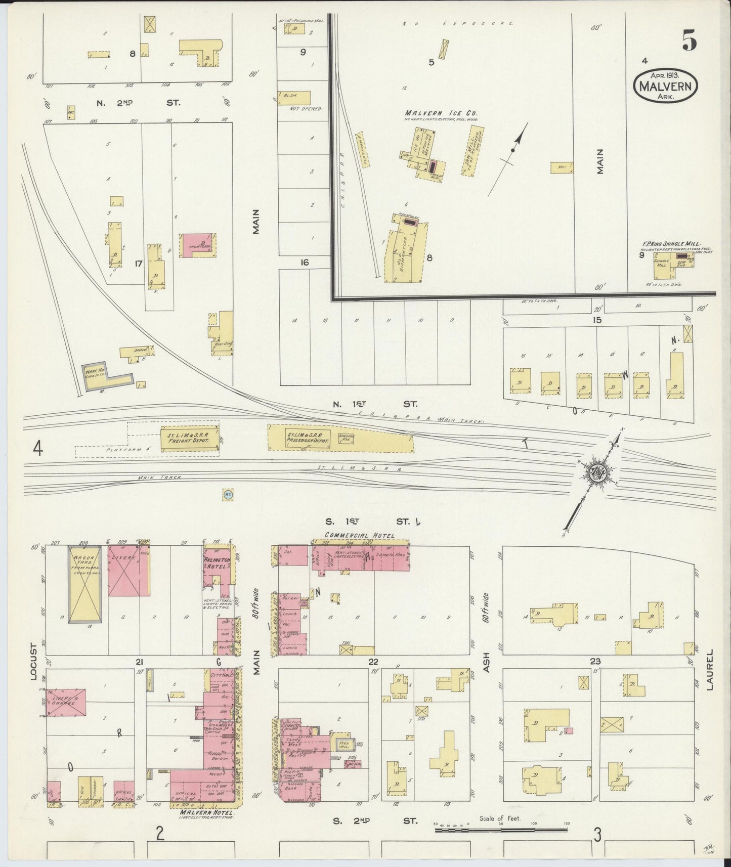 Sanborn Fire Insurance Map from Malvern, Hot Springs County, Arkansas (1913), Sheet #0005 - Historic Sanborn Fire Insurance Map Print, vintage old map wall art, antique decor, genealogy gift, Arkansas Arkansas map