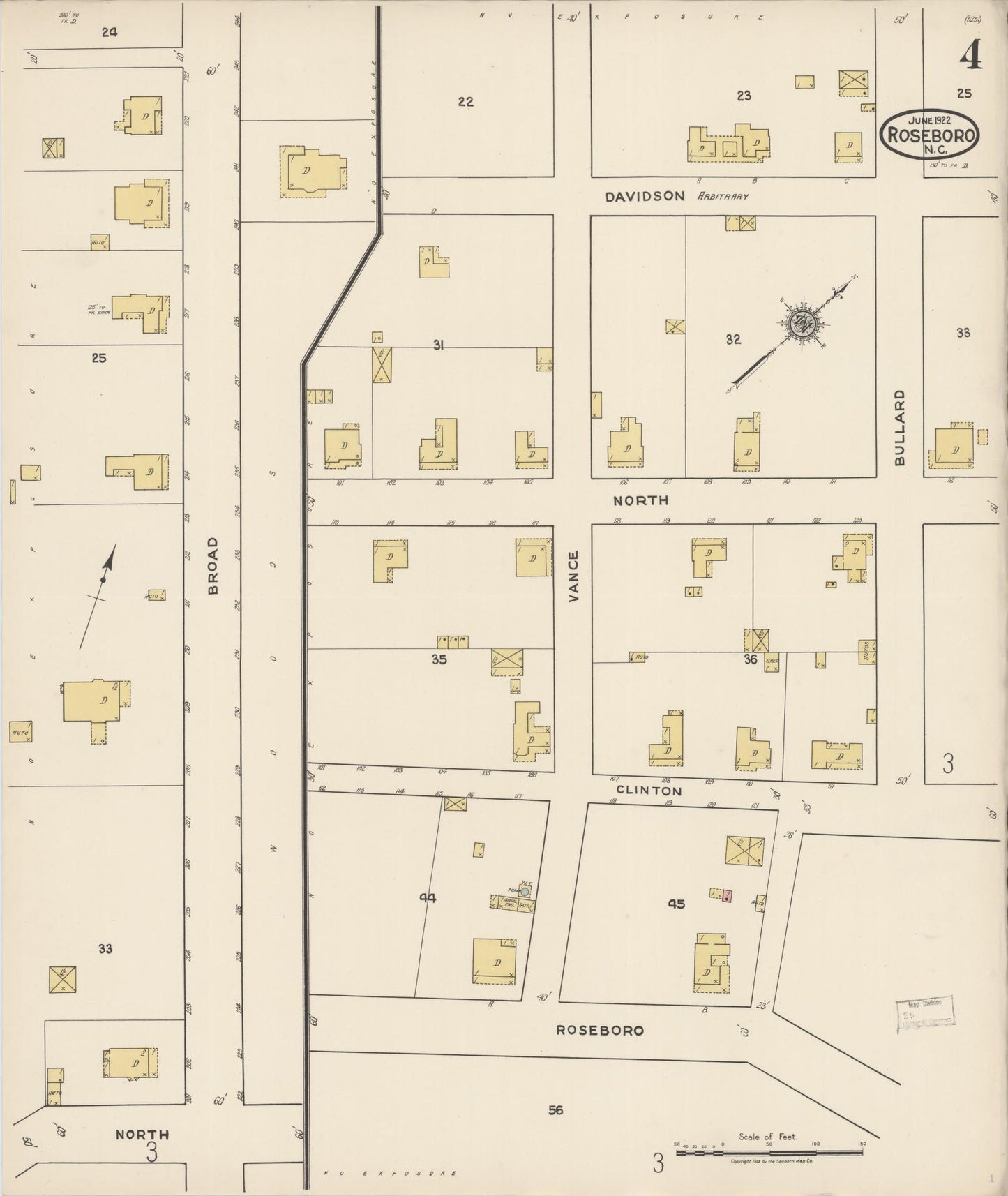 Sanborn Fire Insurance Map from Roseboro, Sampson County, North Carolina (1922), Sheet #0004 - Historic Sanborn Fire Insurance Map Print, vintage old map wall art, antique decor, genealogy gift, North Carolina North Carolina map
