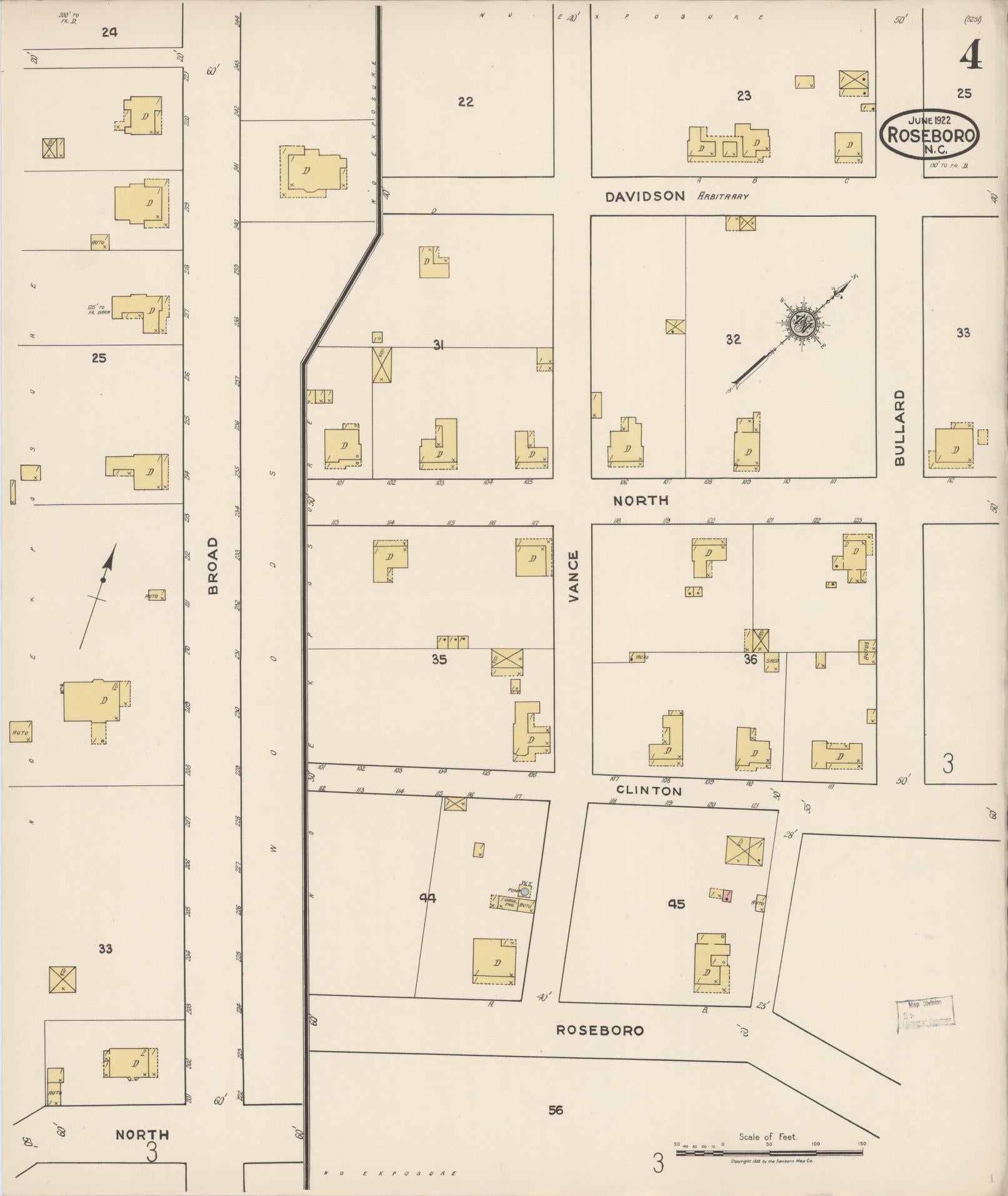 Sanborn Fire Insurance Map from Roseboro, Sampson County, North Carolina (1922), Sheet #0004 - Historic Sanborn Fire Insurance Map Print, vintage old map wall art, antique decor, genealogy gift, North Carolina North Carolina map