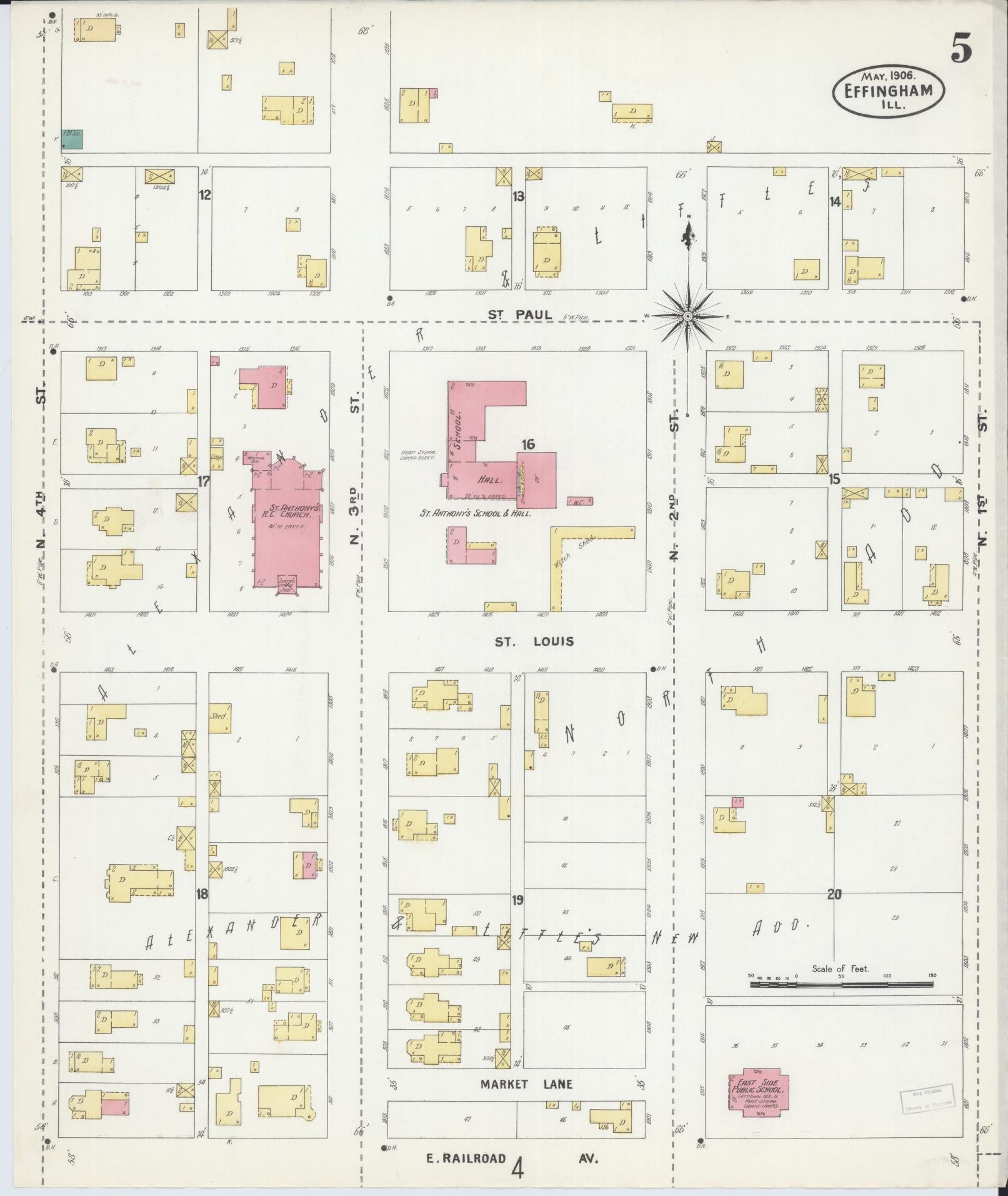 Sanborn Fire Insurance Map from Effingham, Effingham County, Illinois (1906), Sheet #0005 - Historic Sanborn Fire Insurance Map Print, vintage old map wall art, antique decor, genealogy gift, Illinois Illinois map