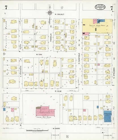 Sanborn Fire Insurance Map from Chanute, Neosho County, Kansas (1924), Sheet #0007 - Complete Map Set gallery image, historic Sanborn map, vintage wall art, Kansas Kansas
