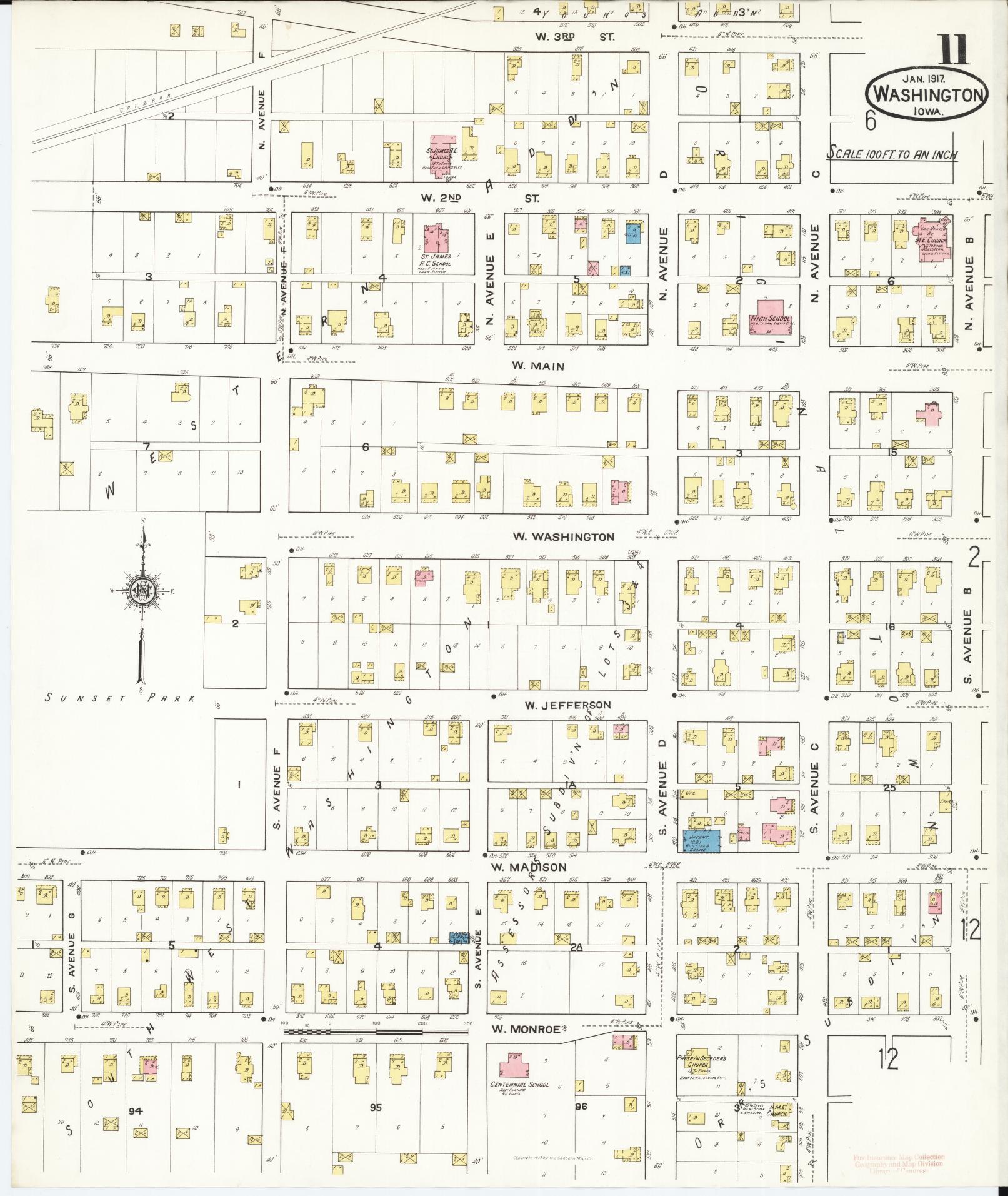 Sanborn Fire Insurance Map from Washington, Washington County, Iowa (1917), Sheet #0011 - Historic Sanborn Fire Insurance Map Print, vintage old map wall art
