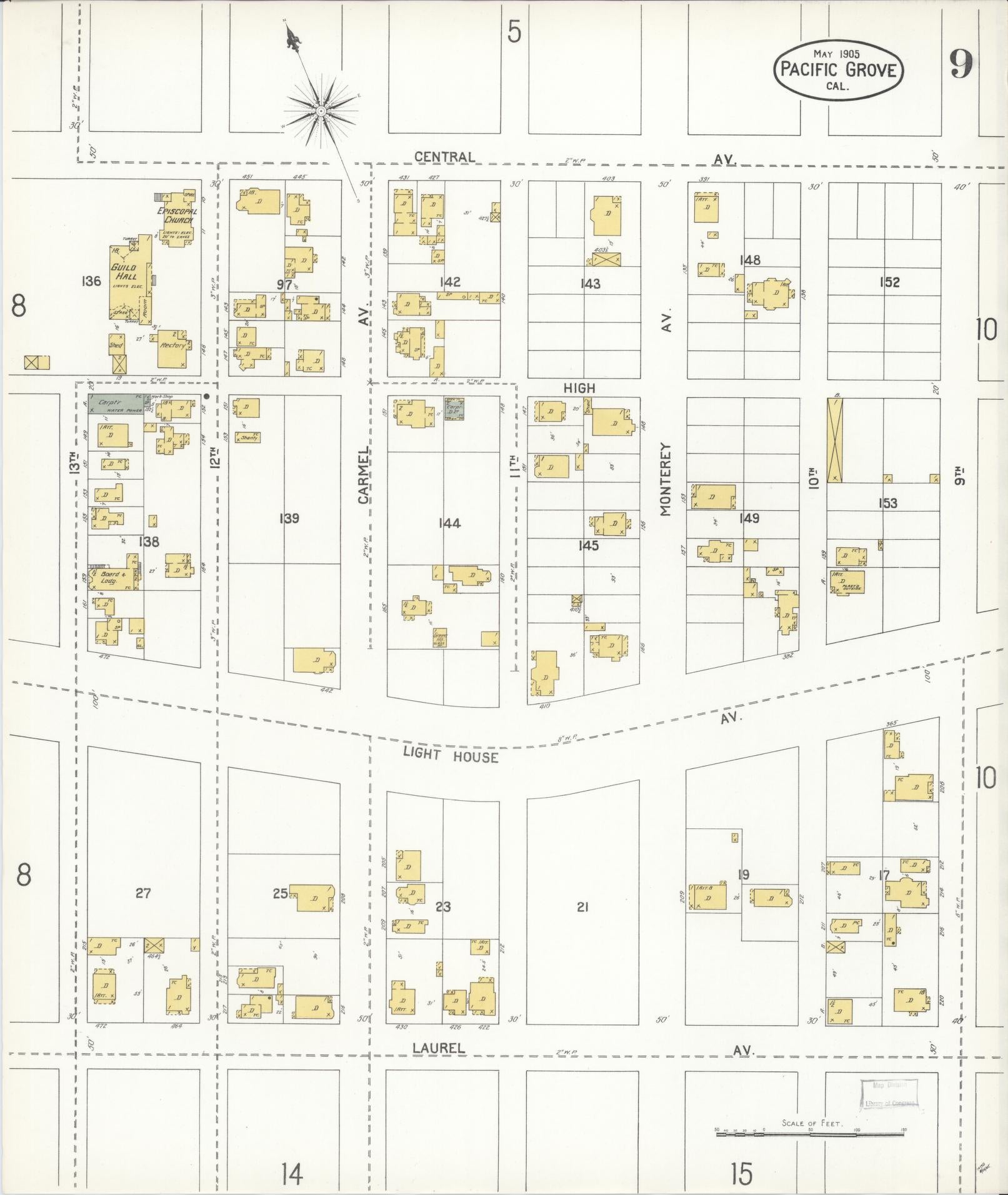 Sanborn Fire Insurance Map from Pacific Grove, Monterey County, California (1905), Sheet #0009 - Complete Map Set gallery image, historic Sanborn map, vintage wall art, California California