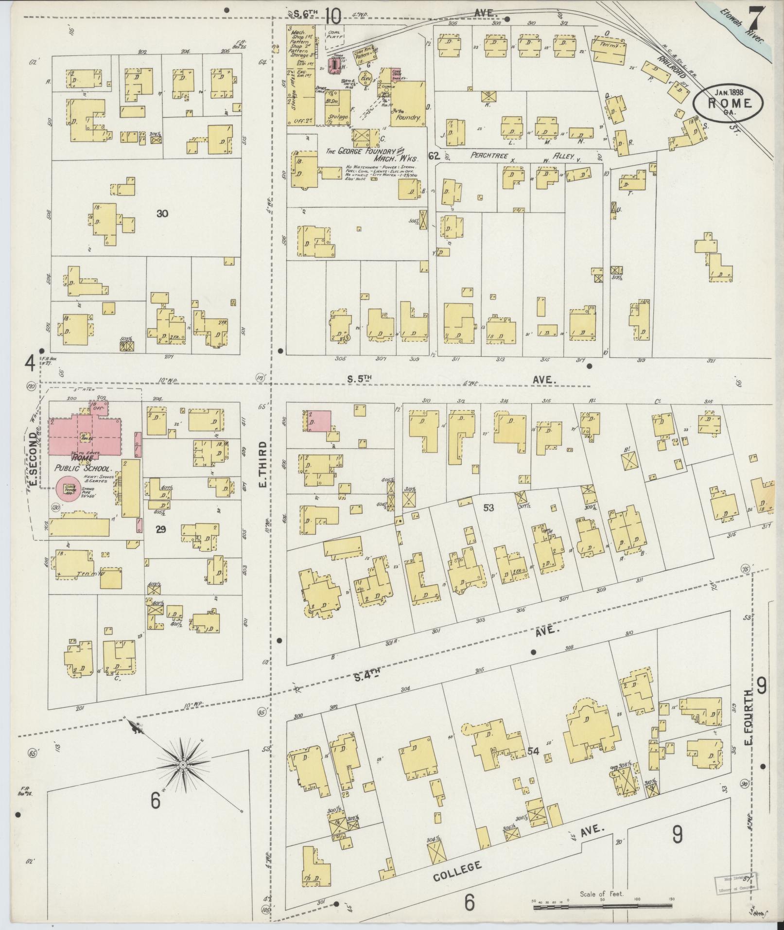 Sanborn Fire Insurance Map from Rome, Floyd County, Georgia (1898), Sheet #0007 - Historic Sanborn Fire Insurance Map Print, vintage old map wall art, antique decor, genealogy gift, Georgia Georgia map