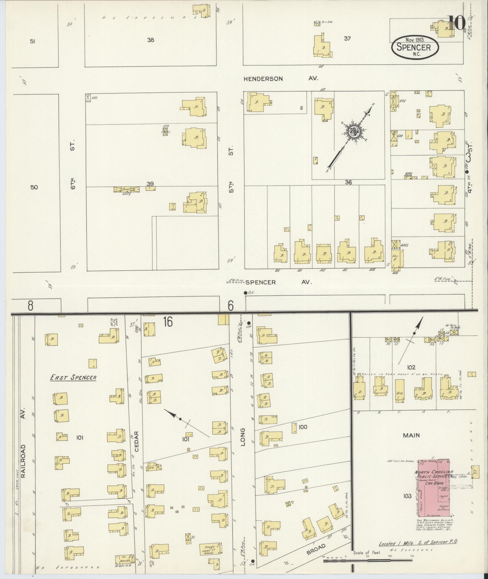 Sanborn Fire Insurance Map from Spencer, Rowan County, North Carolina (1913), Sheet #0010 - Historic Sanborn Fire Insurance Map Print, vintage old map wall art, antique decor, genealogy gift, North Carolina North Carolina map