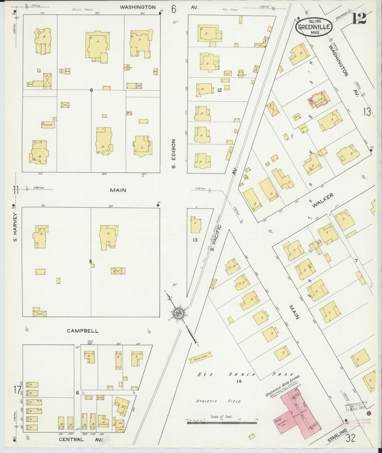 Sanborn Fire Insurance Map from Greenville, Washington County, Mississippi (1915), Sheet #0012 - Historic Sanborn Fire Insurance Map Print, vintage old map wall art, antique decor, genealogy gift, Mississippi Mississippi map
