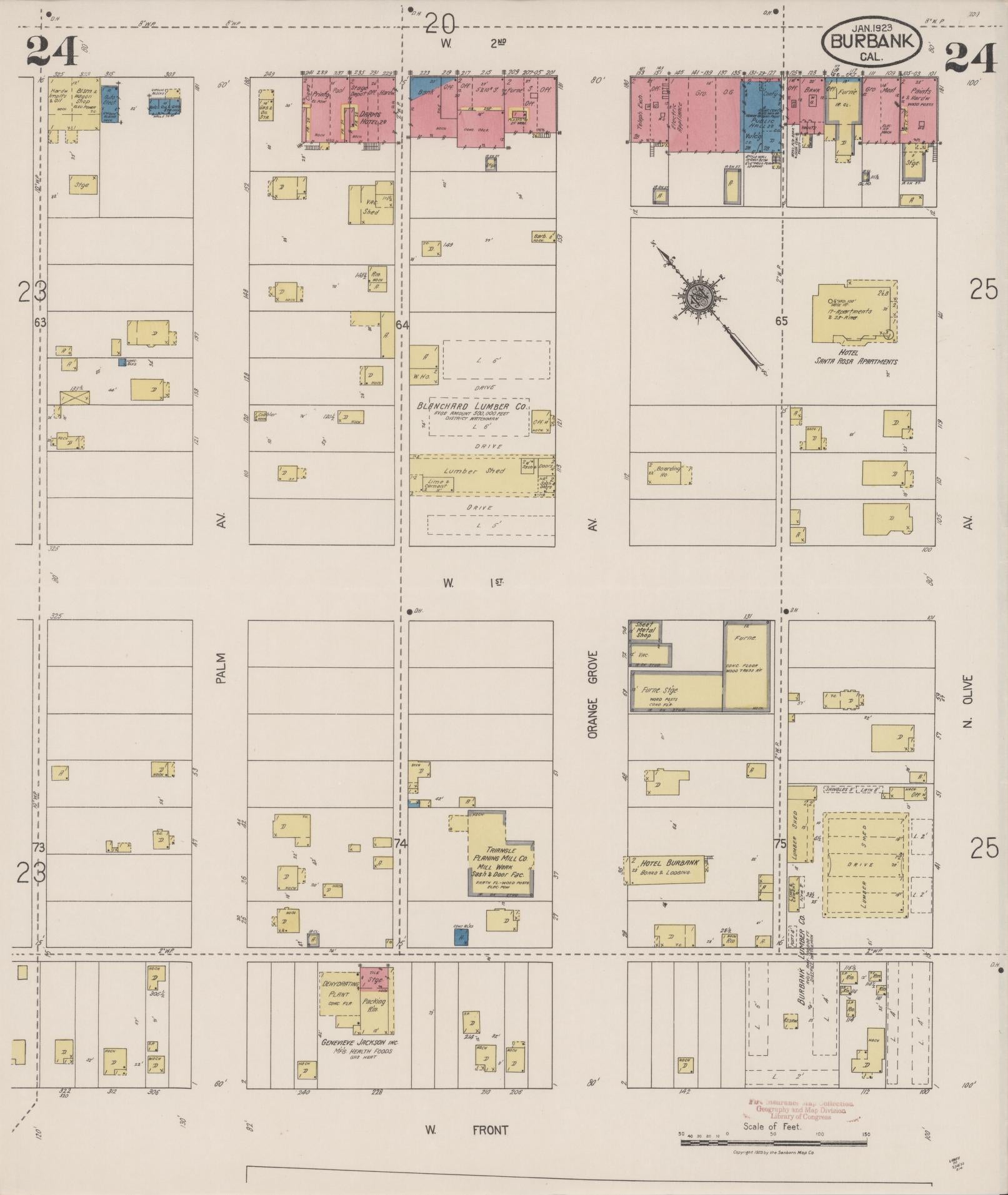 Sanborn Fire Insurance Map from Burbank, Los Angeles County, California (1923), Sheet #0024 - Historic Sanborn Fire Insurance Map Print, vintage old map wall art, antique decor, genealogy gift, California California map