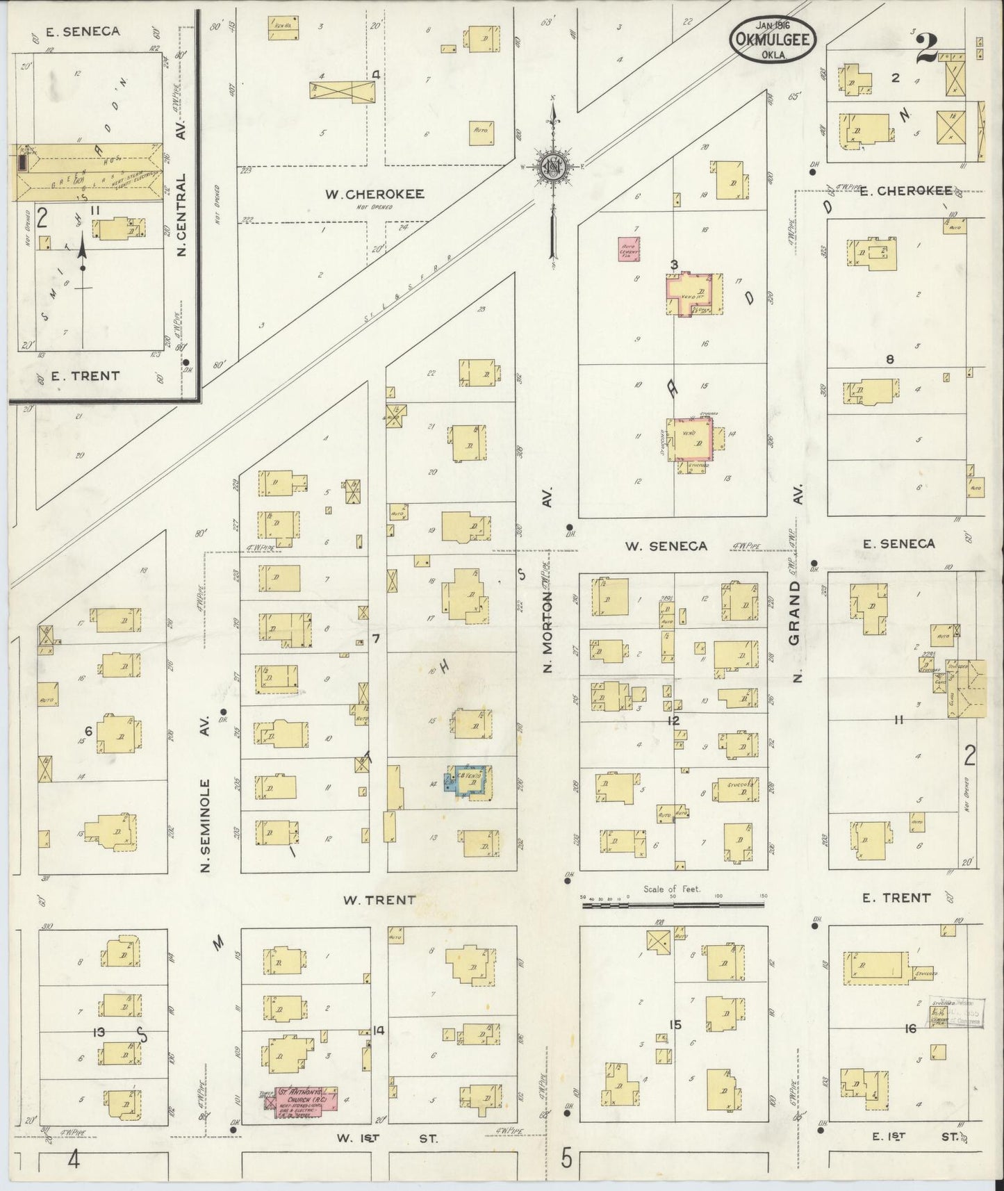 Sanborn Fire Insurance Map from Okmulgee, Okmulgee County, Oklahoma (1916), Sheet #0002 - Complete Map Set gallery image, historic Sanborn map, vintage wall art, Oklahoma Oklahoma