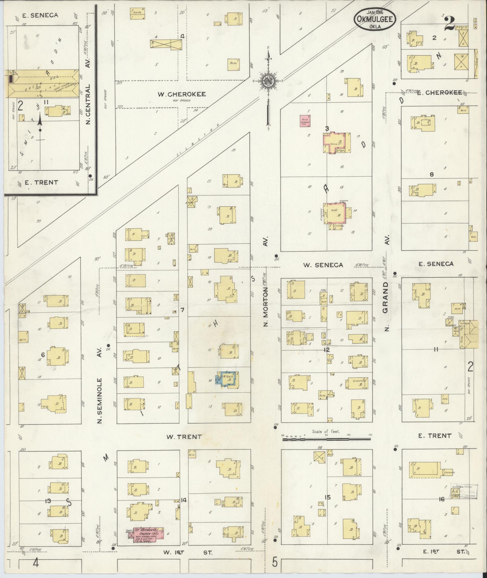 Sanborn Fire Insurance Map from Okmulgee, Okmulgee County, Oklahoma (1916), Sheet #0002 - Complete Map Set gallery image, historic Sanborn map, vintage wall art, Oklahoma Oklahoma
