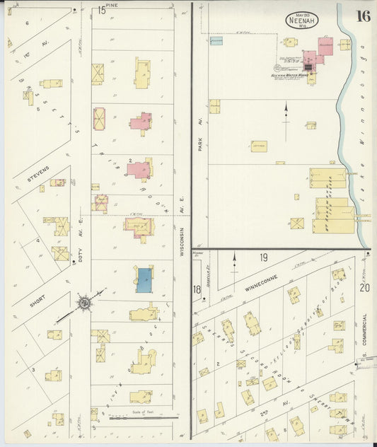 Sanborn Fire Insurance Map from Neenah, Winnebago County, Wisconsin (1913), Sheet #0016 - Historic Sanborn Fire Insurance Map Print, vintage old map wall art, antique decor, genealogy gift, Wisconsin Wisconsin map