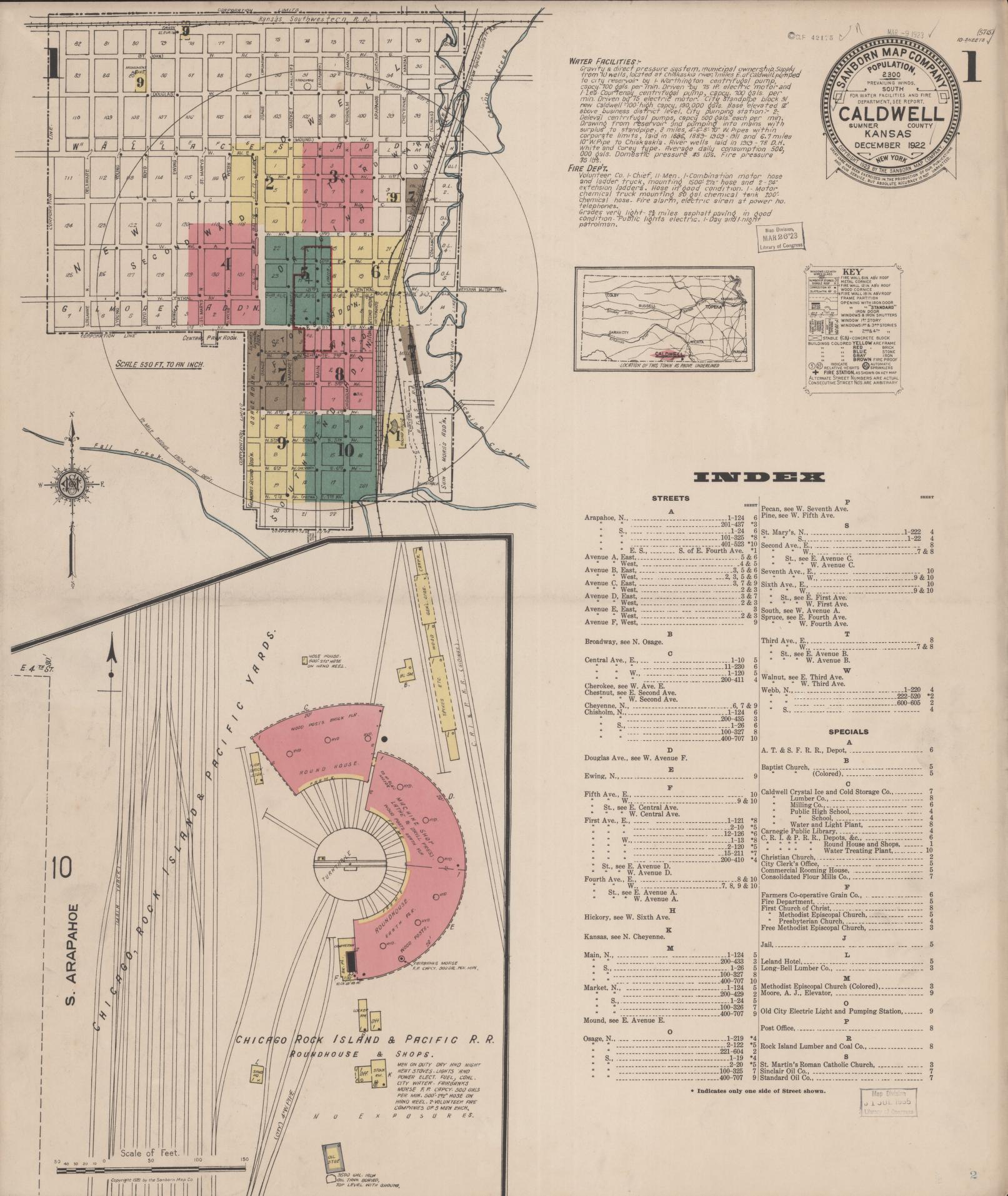 Sanborn Fire Insurance Map from Caldwell, Sumner County, Kansas (1922), Sheet #0001 - Historic Sanborn Fire Insurance Map Print, vintage old map wall art, antique decor, genealogy gift, Kansas Kansas map