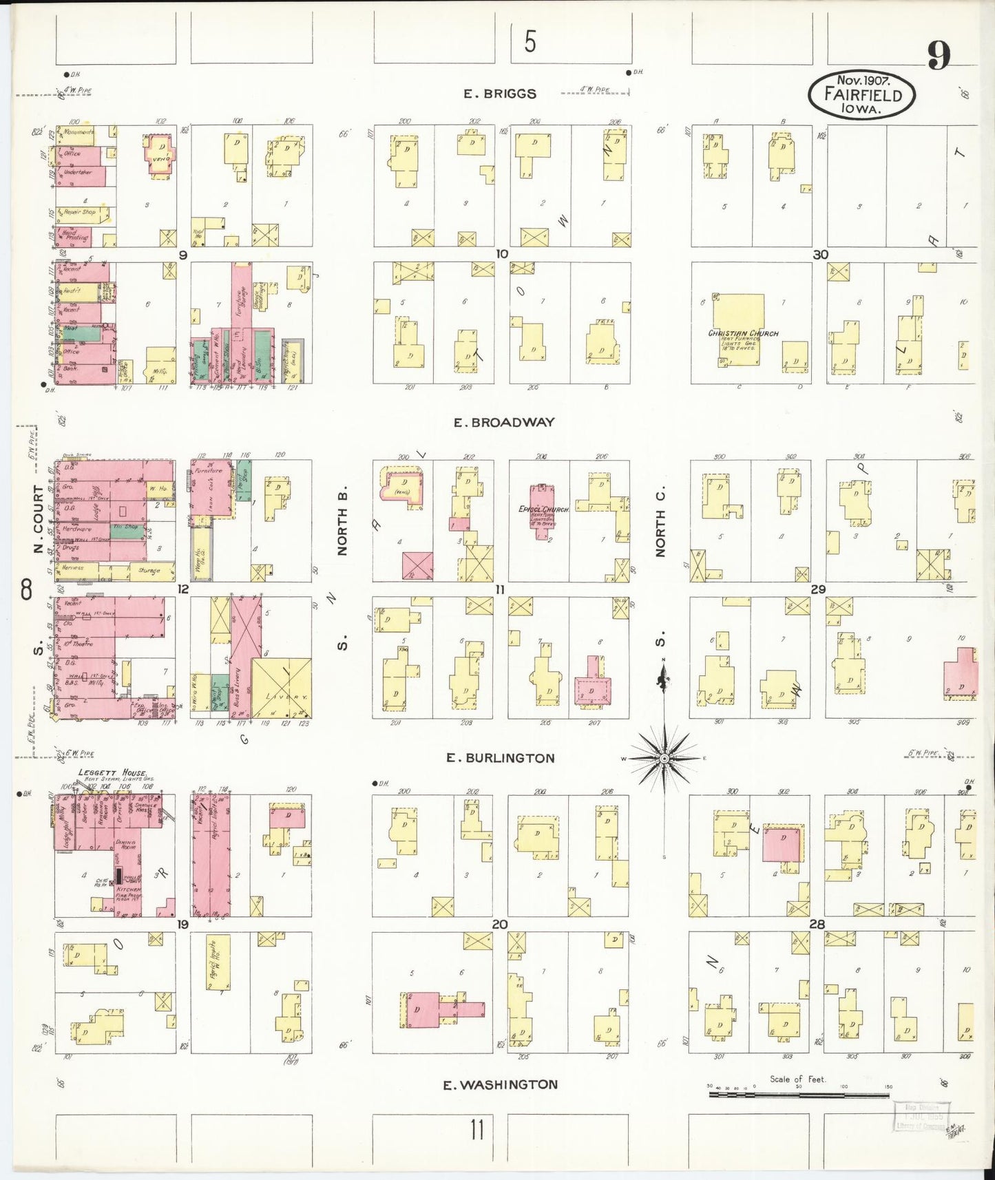 Sanborn Fire Insurance Map from Fairfield, Jefferson County, Iowa (1907), Sheet #0009 - Historic Sanborn Fire Insurance Map Print, vintage old map wall art
