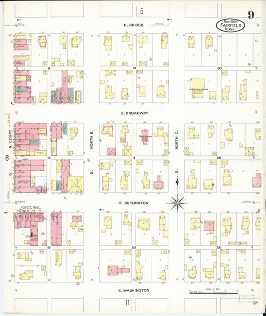 Sanborn Fire Insurance Map from Fairfield, Jefferson County, Iowa (1907), Sheet #0009 - Historic Sanborn Fire Insurance Map Print, vintage old map wall art