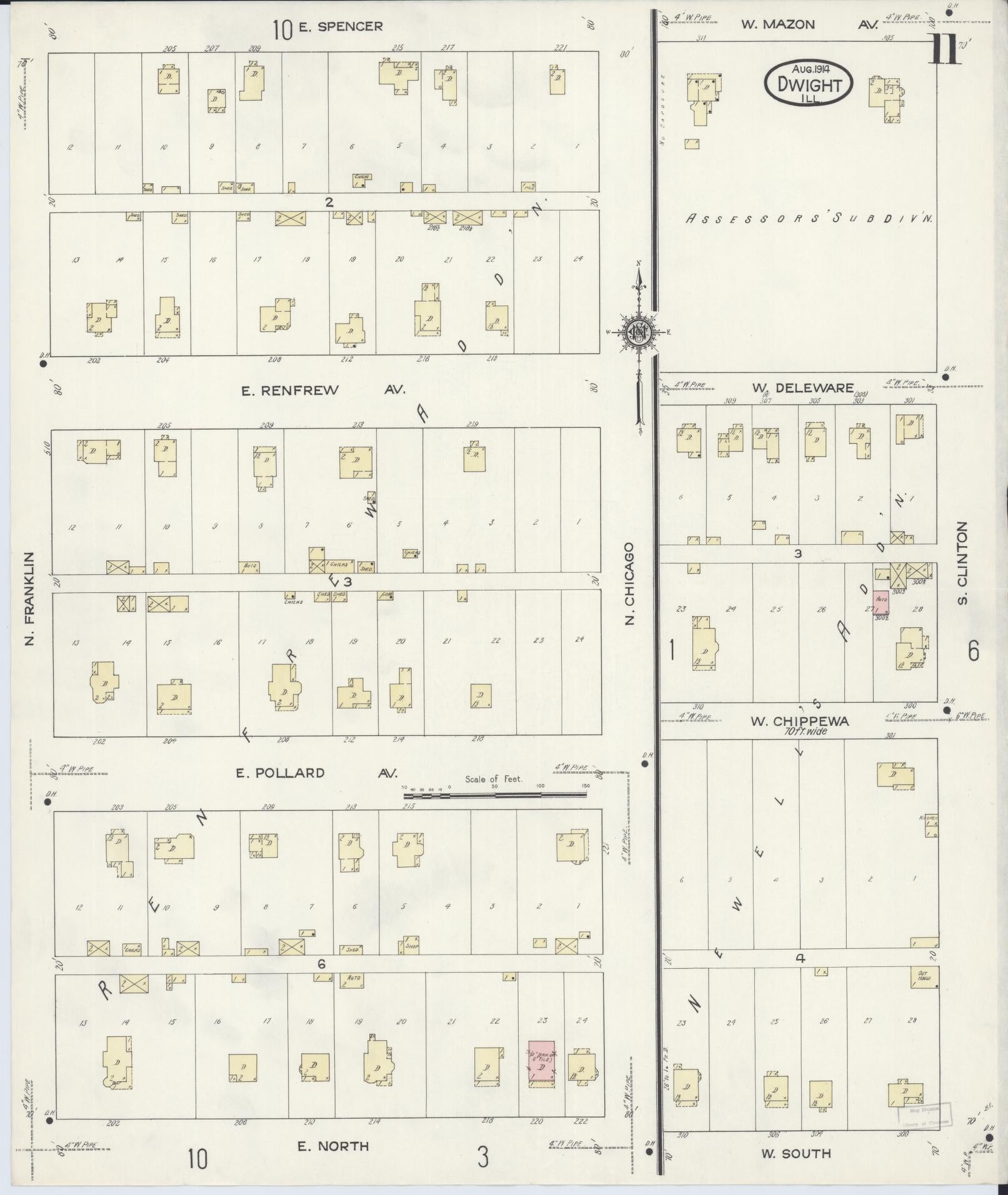 Sanborn Fire Insurance Map from Dwight, Livingston County, Illinois (1914), Sheet #0011 - Historic Sanborn Fire Insurance Map Print, vintage old map wall art, antique decor, genealogy gift, Illinois Illinois map