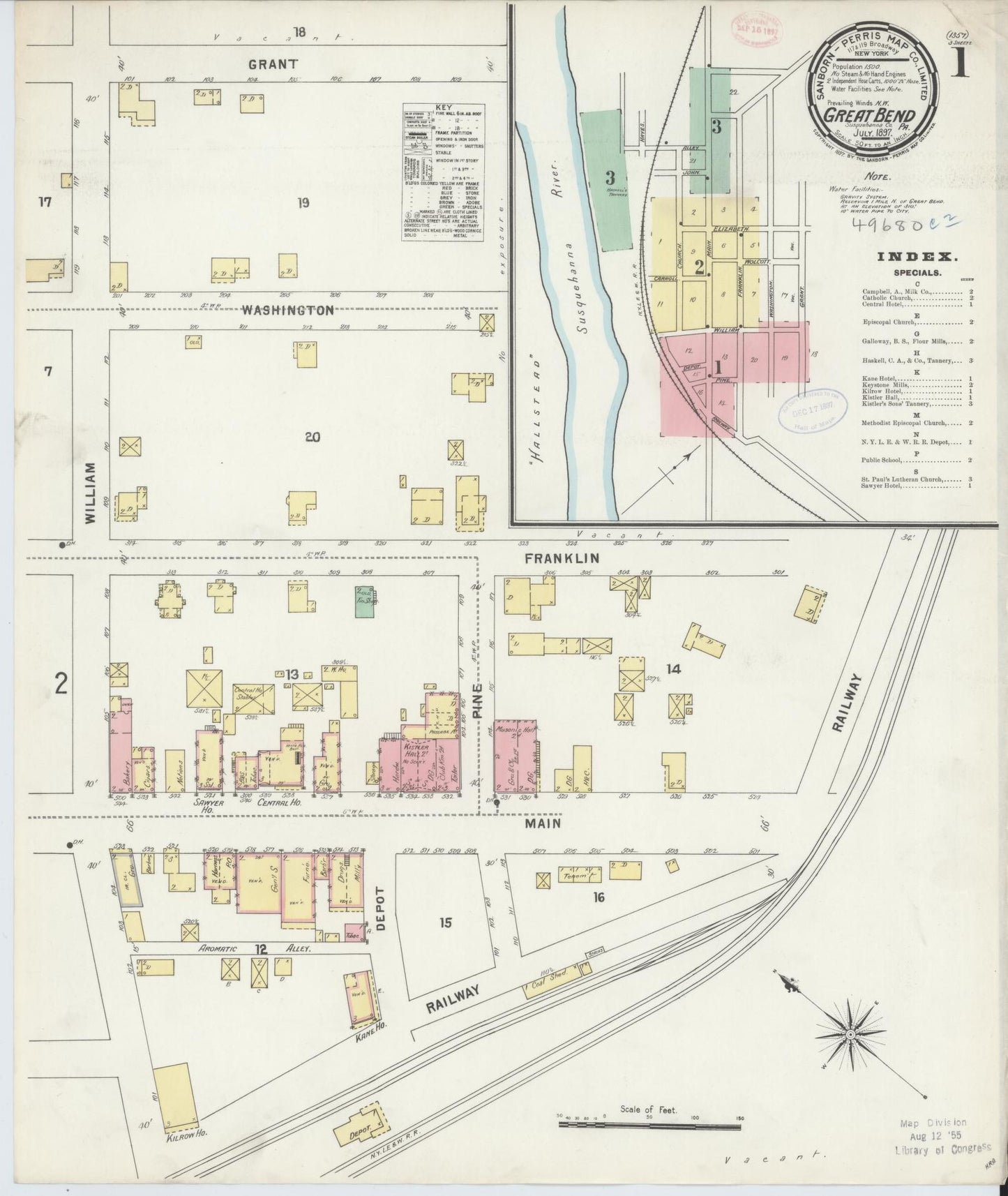 Sanborn Fire Insurance Map from Great Bend, Susquehanna County, Pennsylvania (1897), Sheet #0001 - Historic Sanborn Fire Insurance Map Print, vintage old map wall art, antique decor, genealogy gift, Pennsylvania Pennsylvania map
