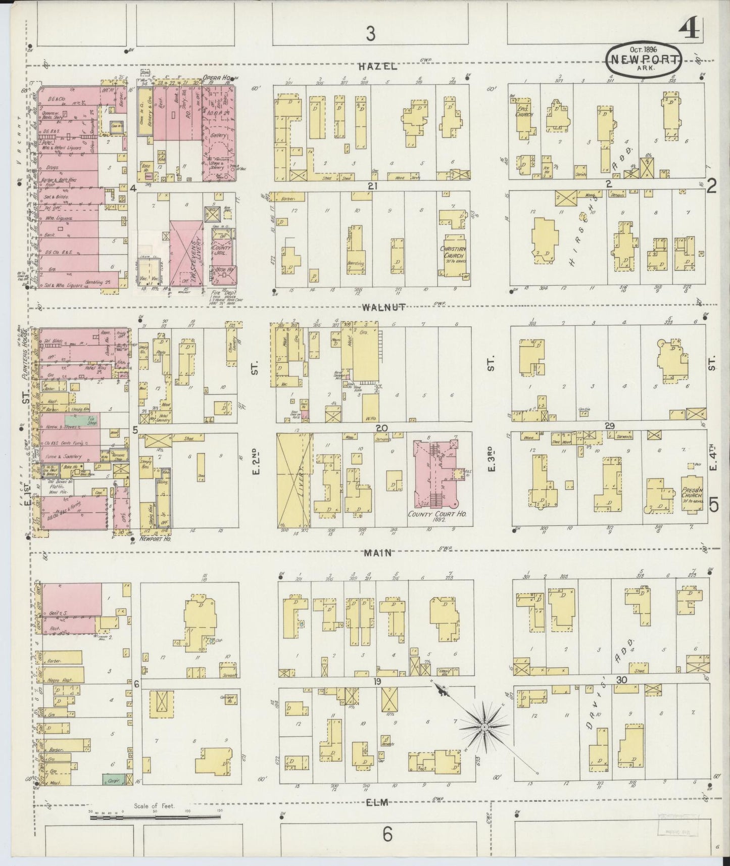 Sanborn Fire Insurance Map from Newport, Jackson County, Arkansas (1896), Sheet #0004 - Historic Sanborn Fire Insurance Map Print, vintage old map wall art, antique decor, genealogy gift, Arkansas Arkansas map