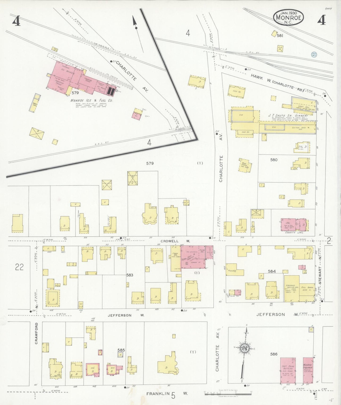 Sanborn Fire Insurance Map from Monroe, Union County, North Carolina (1930), Sheet #0004 - Complete Map Set gallery image, historic Sanborn map, vintage wall art, North Carolina North Carolina
