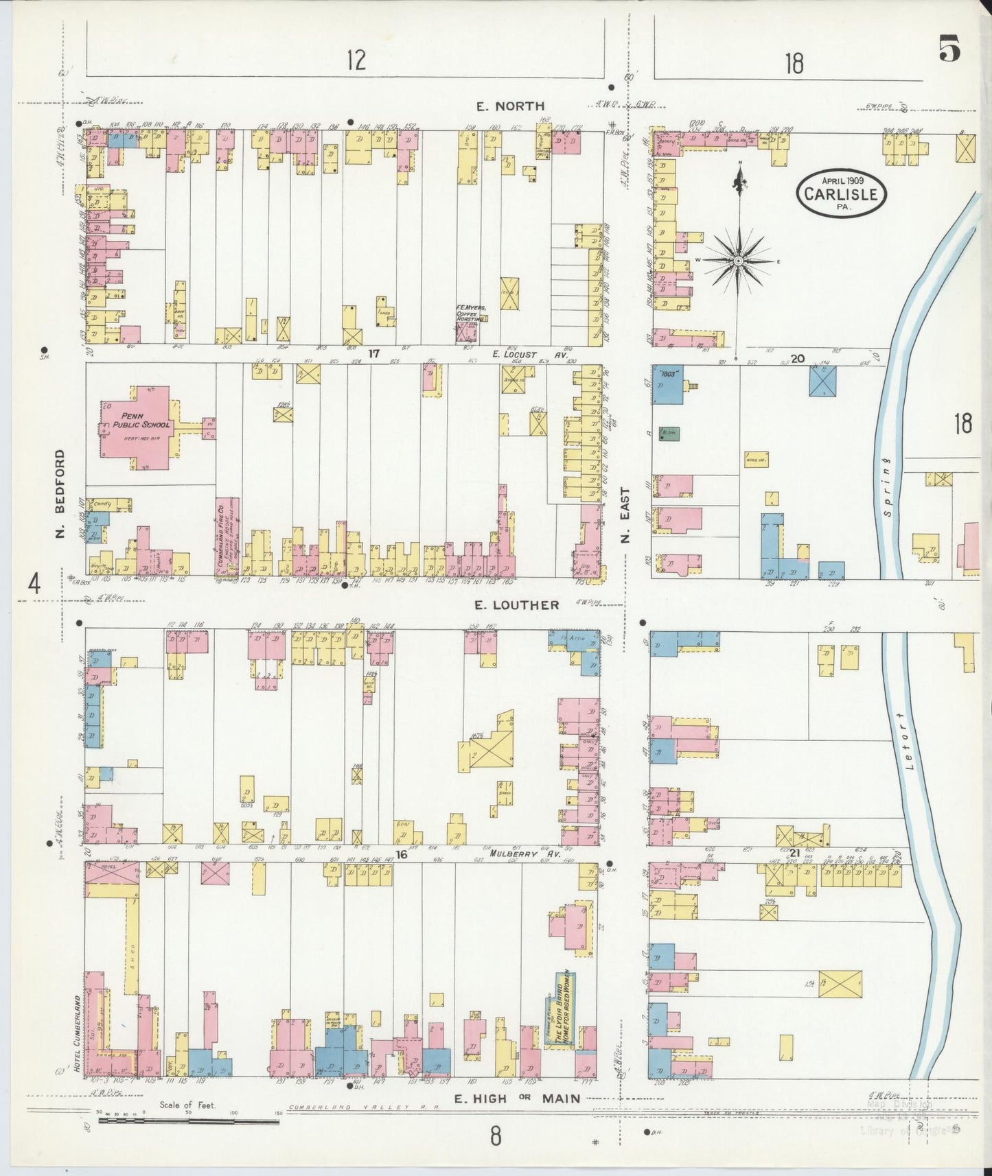Sanborn Fire Insurance Map from Carlisle, Cumberland County, Pennsylvania (1909), Sheet #0005 - Historic Sanborn Fire Insurance Map Print, vintage old map wall art, antique decor, genealogy gift, Pennsylvania Pennsylvania map